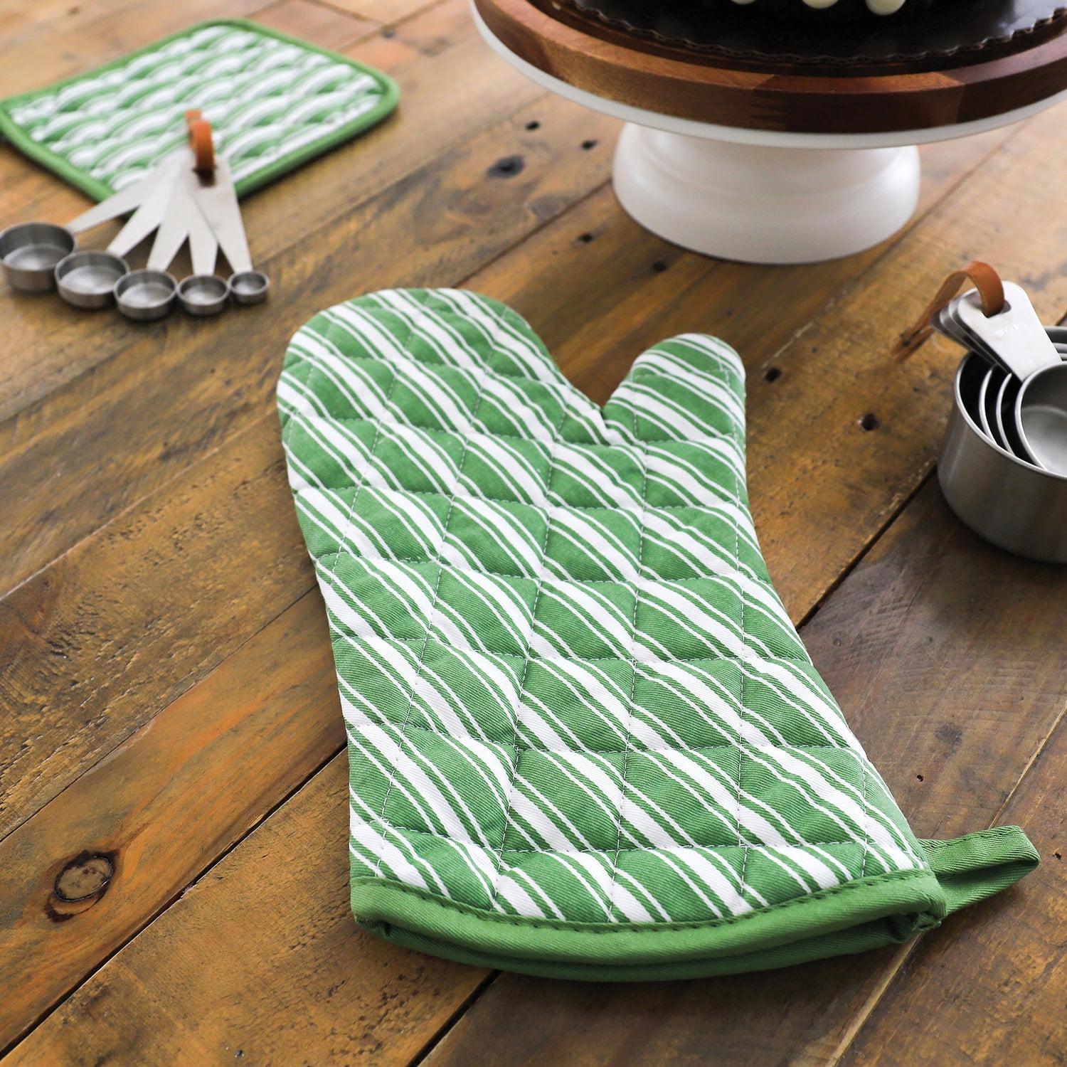 Green Striped Cotton Oven Mitt, 13 x 7 Inches