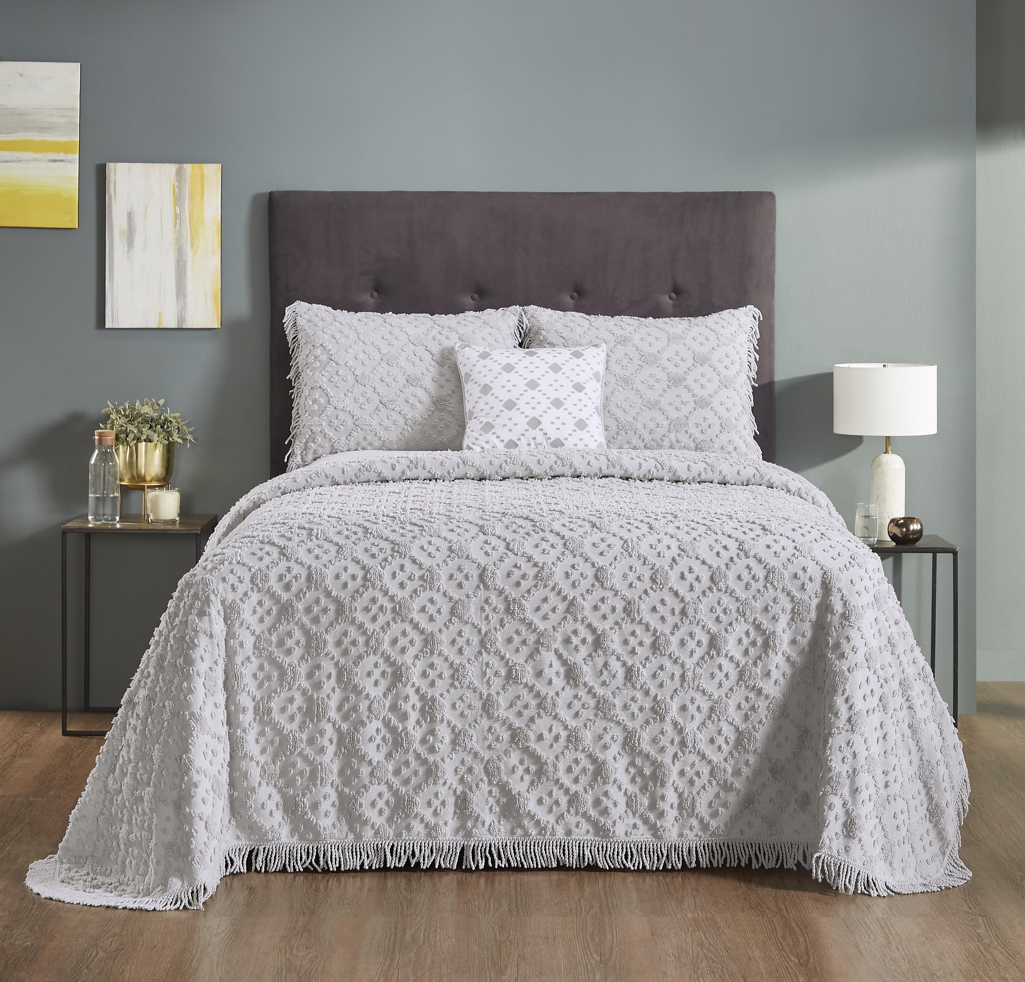 Better Trends Charleston Collection 100% Cotton Bedding sets, Machine Washable Soft and Breathable 4-piece Chenille Bedspread & Sham with Geometric Embroidery, All season