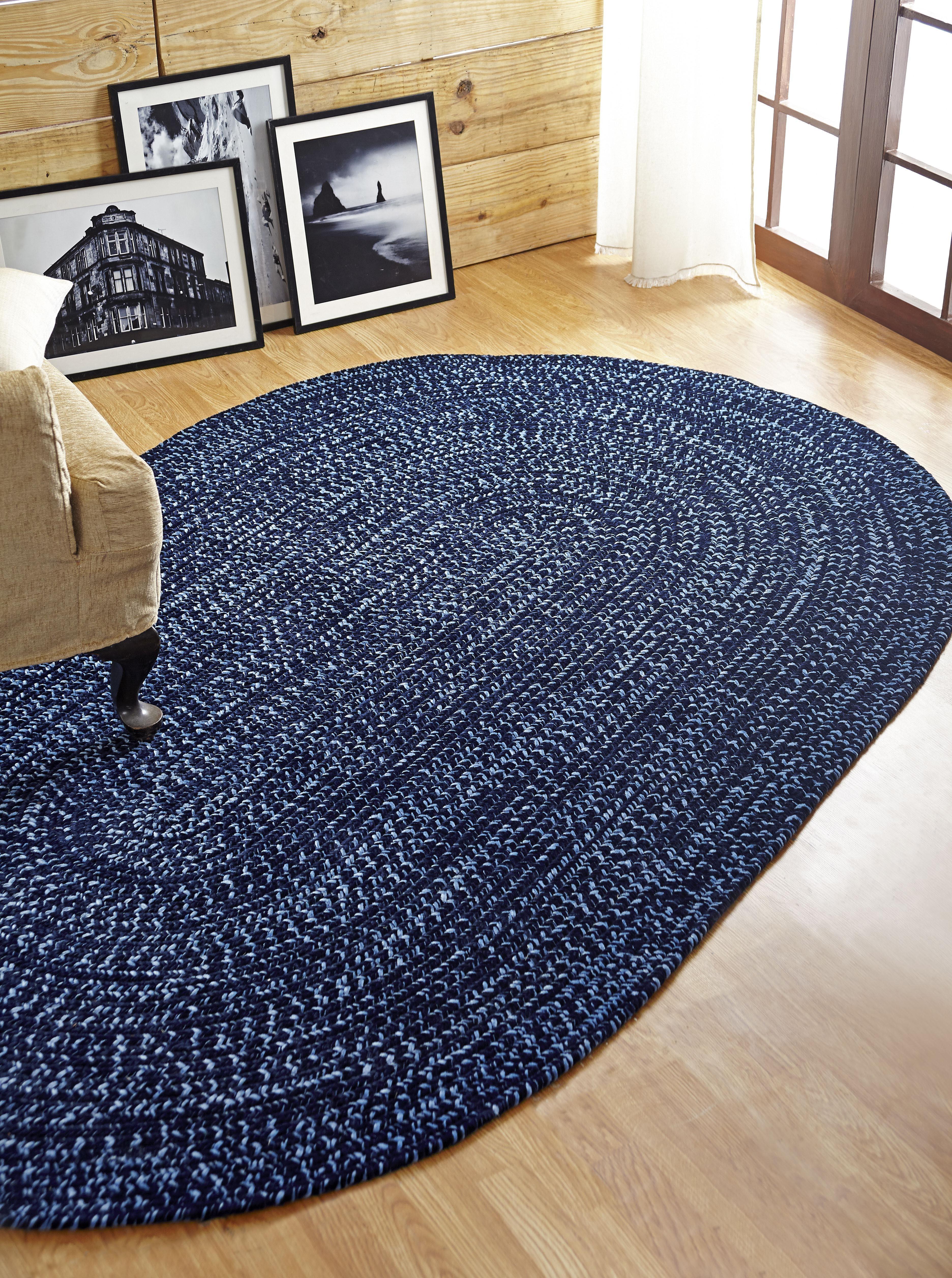 Elegant Navy & Smoke Blue 30" x 50" Oval Braided Chenille Rug