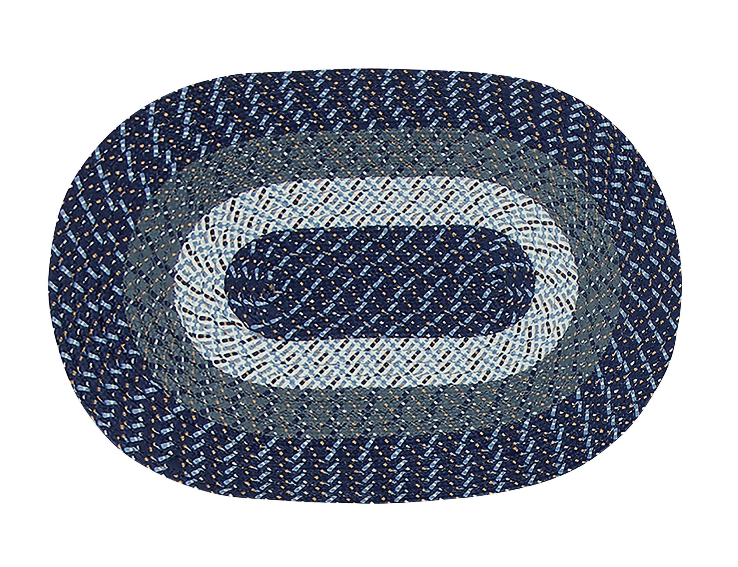 Dark Blue Stripe Oval Braided Reversible Synthetic Area Rug