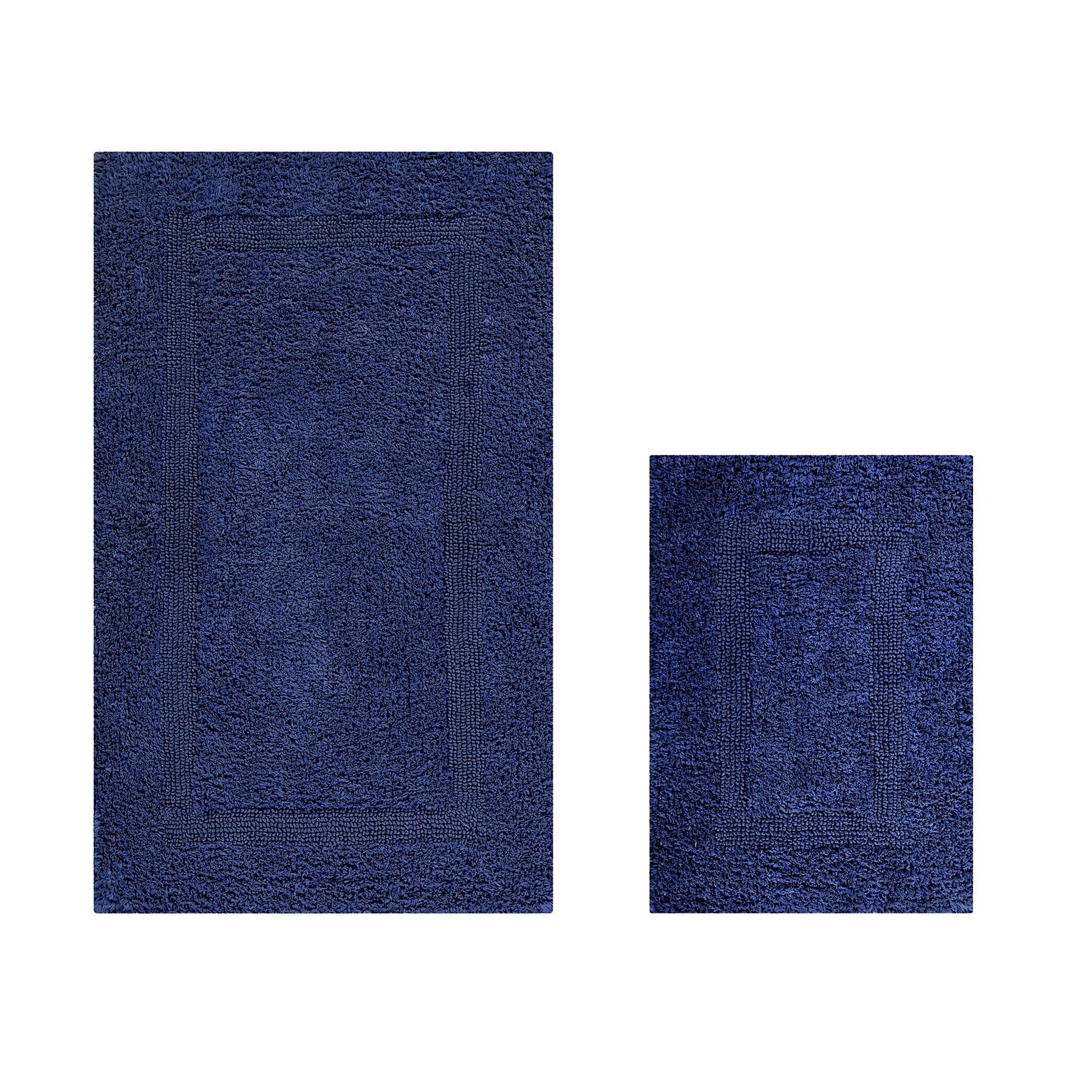 Better Trends Lux 100% Cotton Tufted Solid Reversible Bath Rug Set 2 PC (17" x 24" | 24" x 40") - Navy