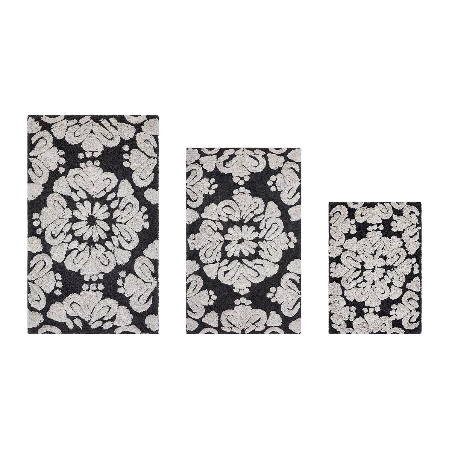 Better Trends Medallion 100% Cotton Tufted Non- Slip Backing 3 PC (17"x24"|21"x34"|24"x40") Bath Rug Set - Charcoal