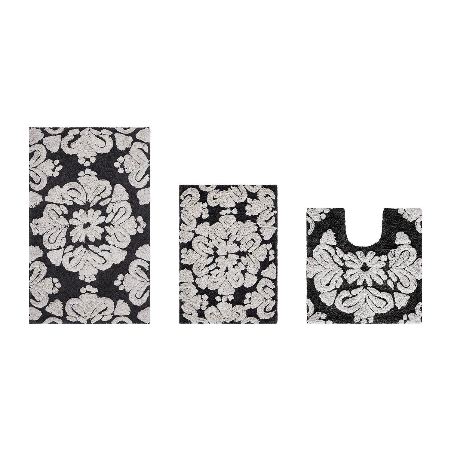 Better Trends Medallion 100% Cotton Tufted Non- Slip Backing 3 PC (17"x24"|20"x20"|21"x34") Bath Rug Set - Charcoal