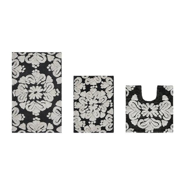 Better Trends Medallion 100% Cotton Tufted Non- Slip Backing 3 PC (17"x24"|20"x20"|21"x34") Bath Rug Set - Charcoal