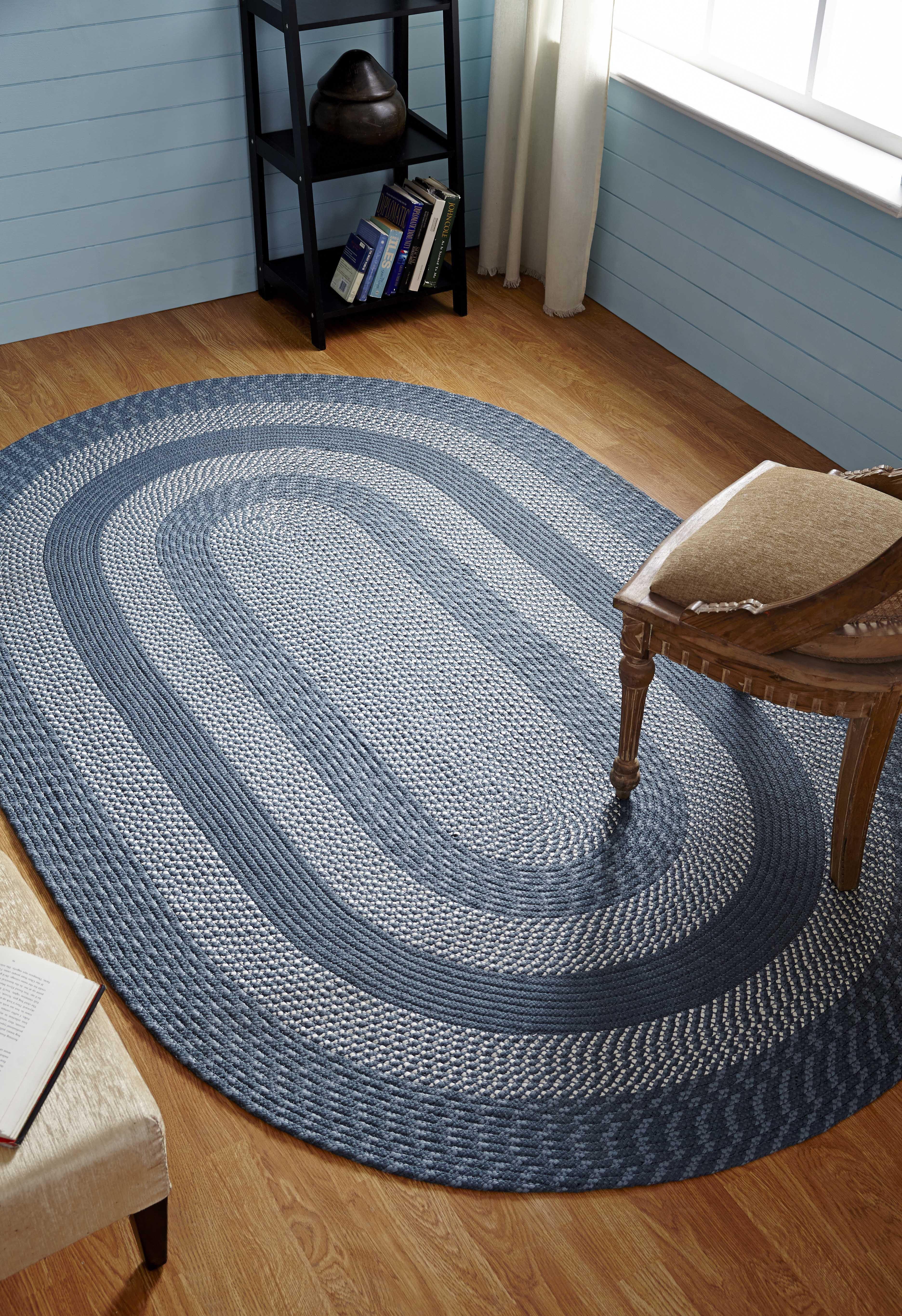 Slate Blue Oval Braided Reversible Synthetic Rug