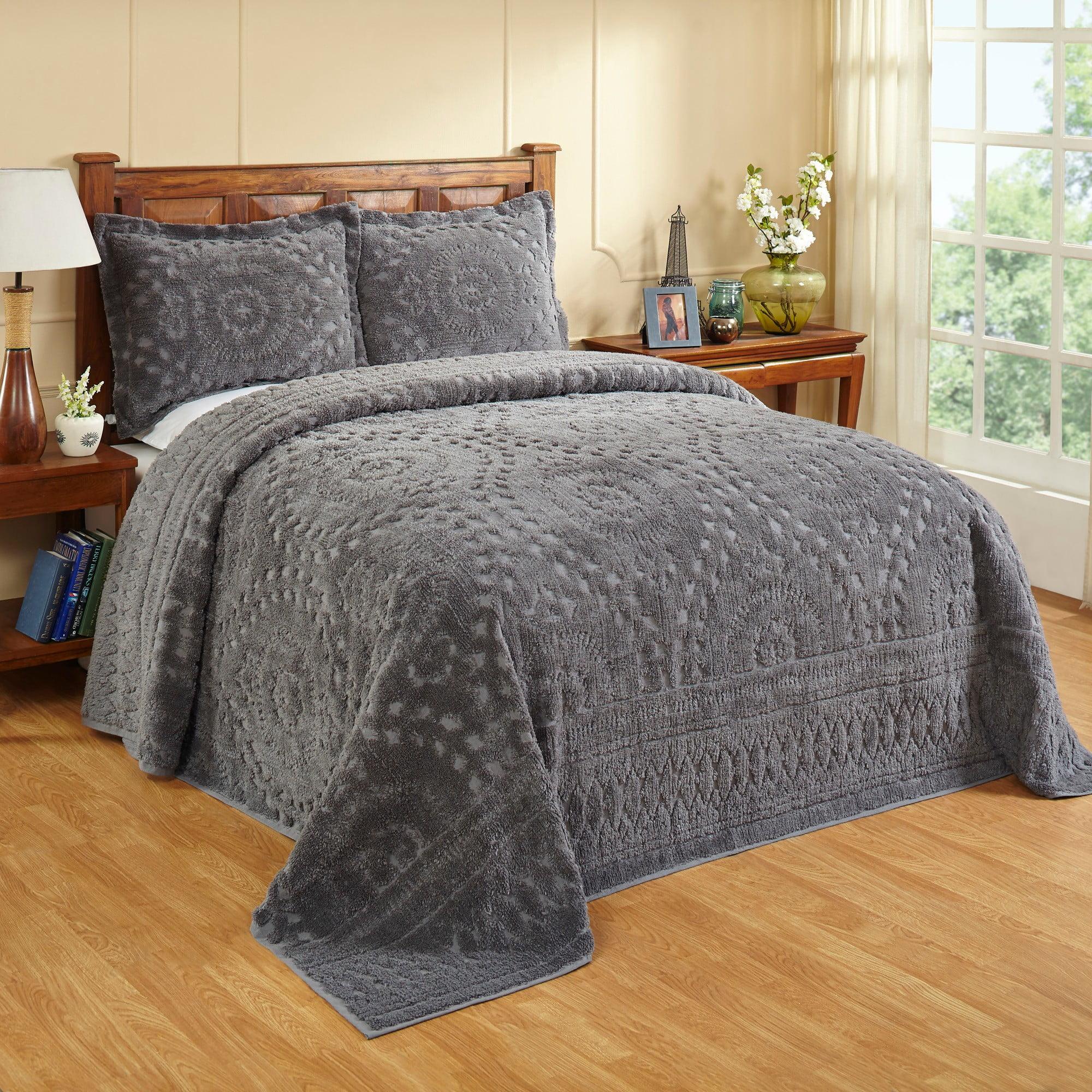 Elegant Gray Cotton Twin Bedspread with Reversible Floral Design