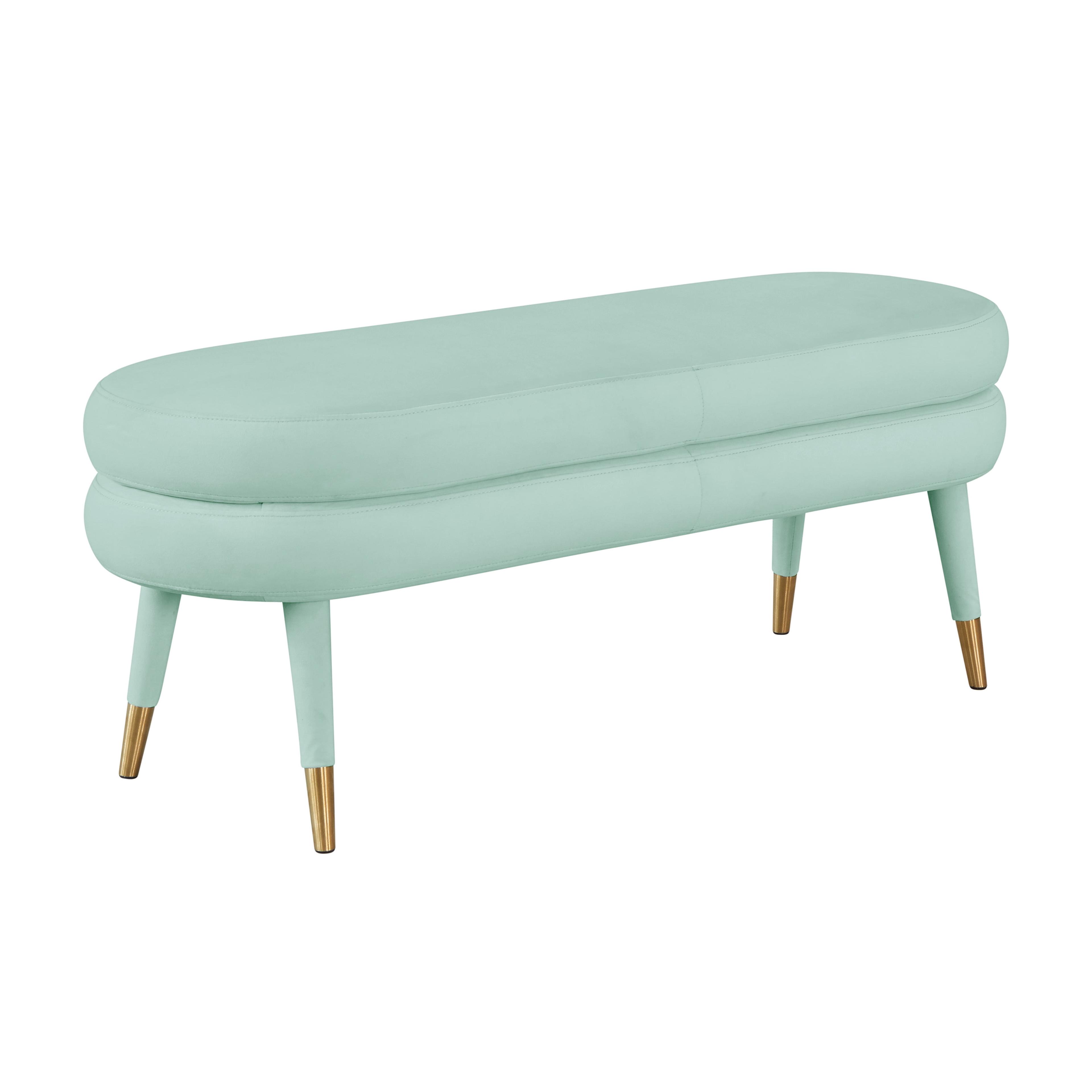 Sea Foam Green Velvet Bench with Gold Tapered Legs