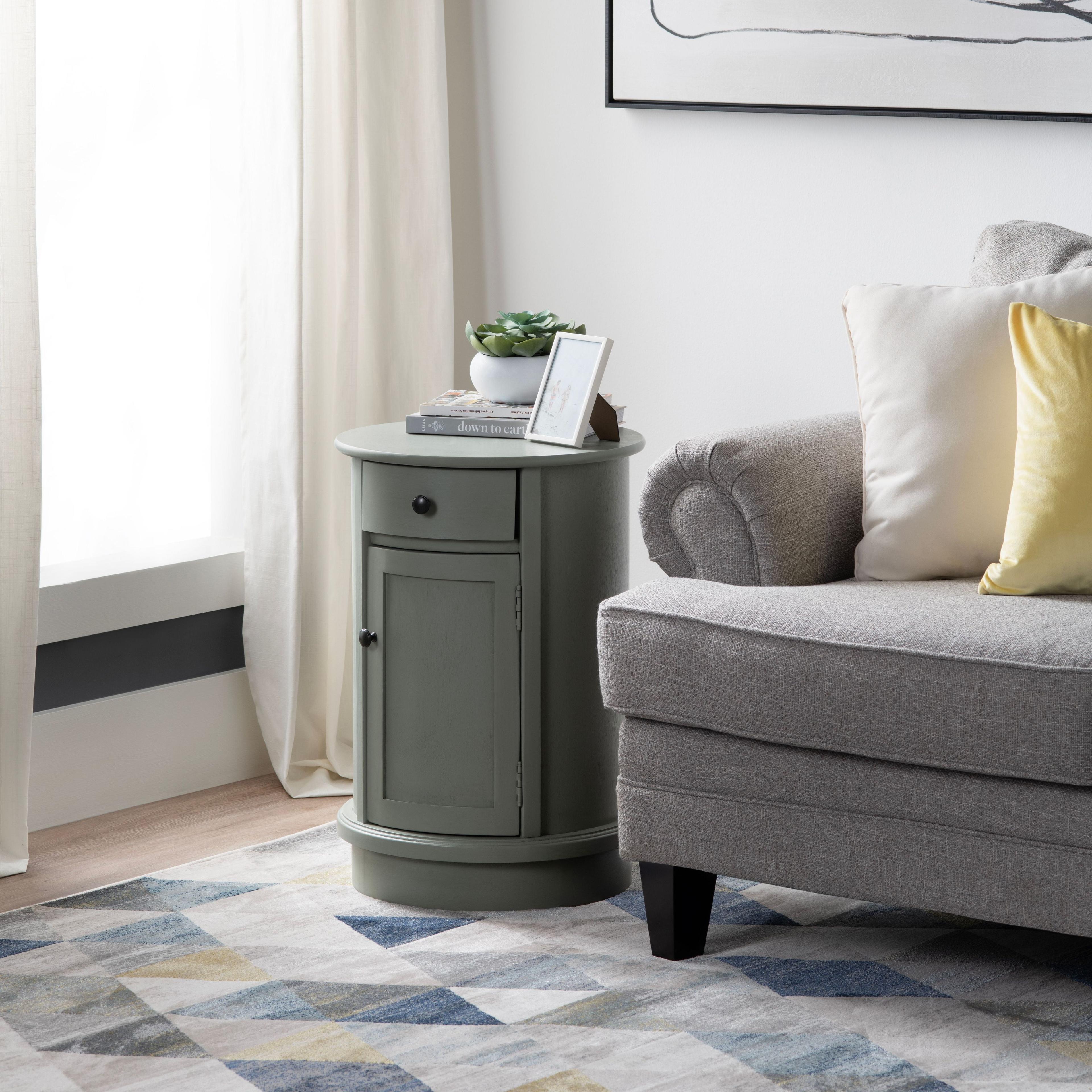 Gray Round Wood and Metal Accent Cabinet with Storage