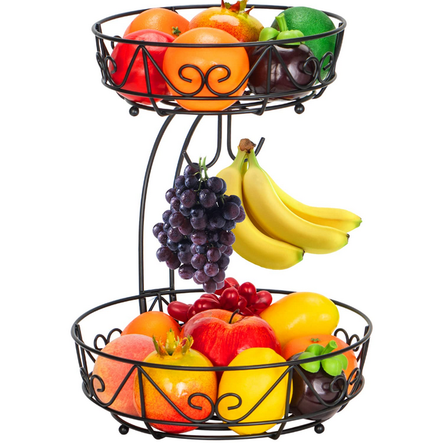 Bextsrack Fruit Basket for Kitchen Countertop, 2-Tier Vegetable Fruit Bowl with Banana Hanger, Black