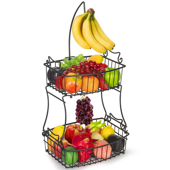 2-Tier Fruit Bread Basket Display Stand, Counter Storage for Kitchen, Bathroom, Rectangular Antique Metal