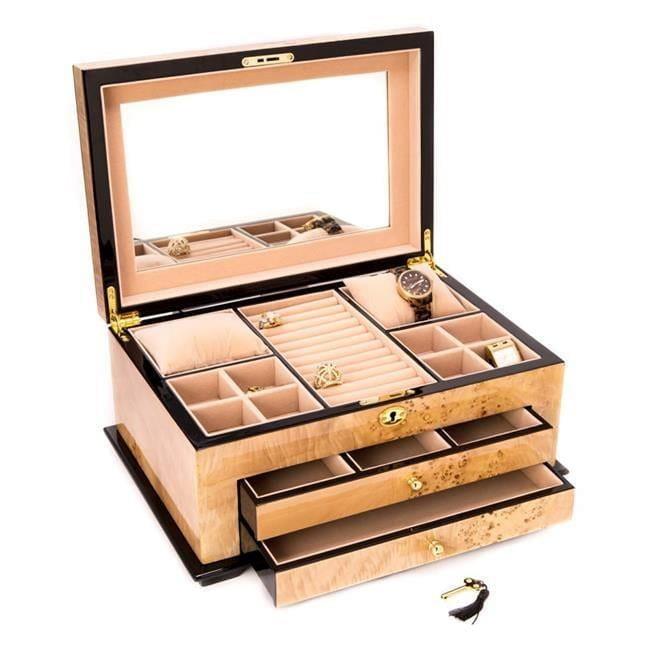 Birdseye Maple Lacquered Wood 3-Level Locking Jewelry Box