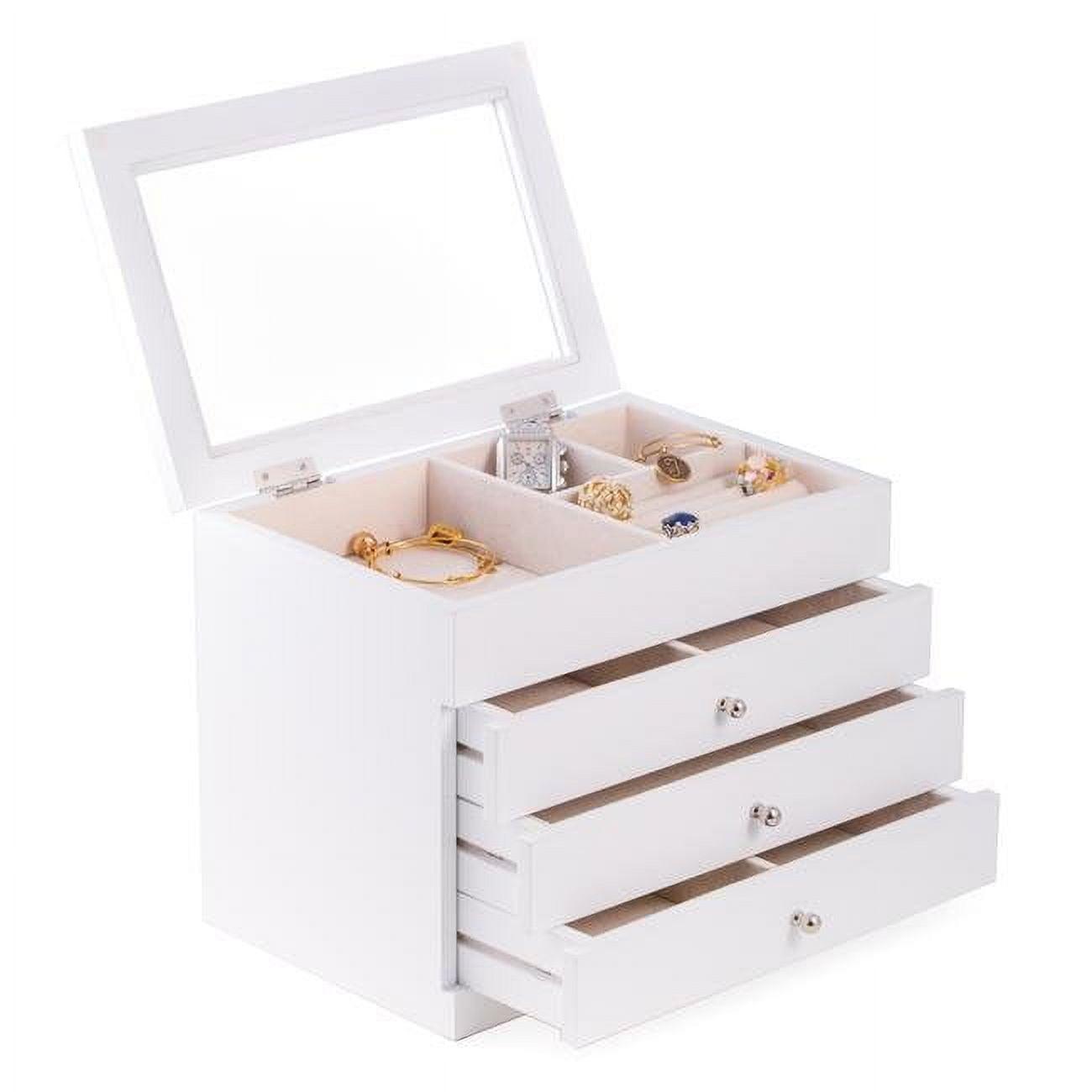 White Wood Jewelry Box with Glass Top and Drawers