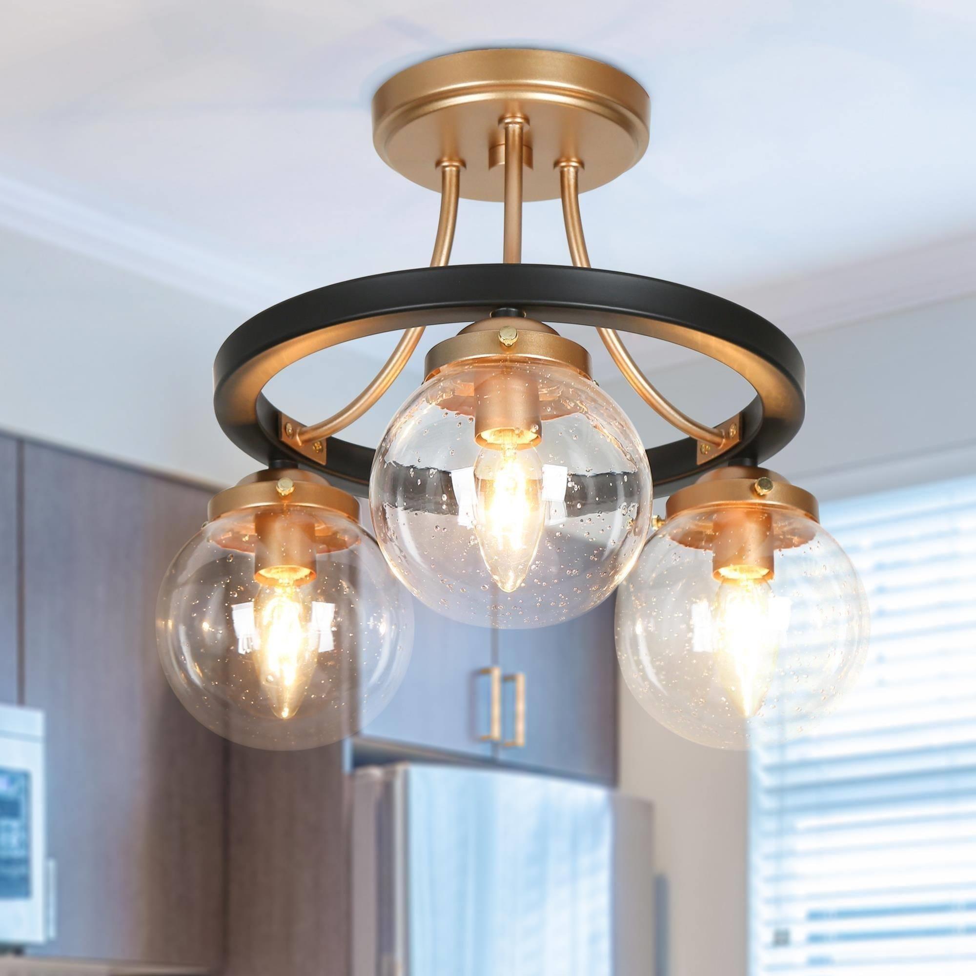 Savonnerie Modern Farmhouse 3-Light Black Gold Semi-Flush Mount Glass Ceiling Light - 14.5" D x 12" H