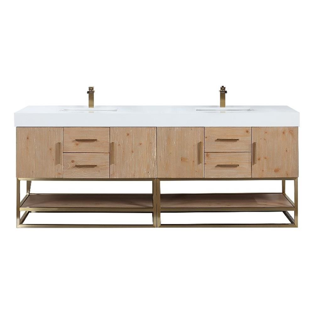 Bianco 84" Wood Vanity in Light Brown with  Composite Stone Top without Mirror