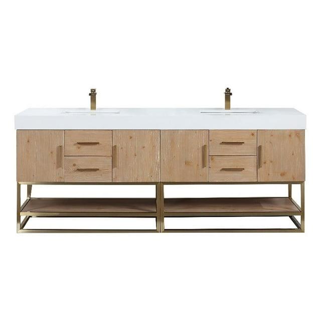 Bianco 84" Wood Vanity in Light Brown with  Composite Stone Top without Mirror