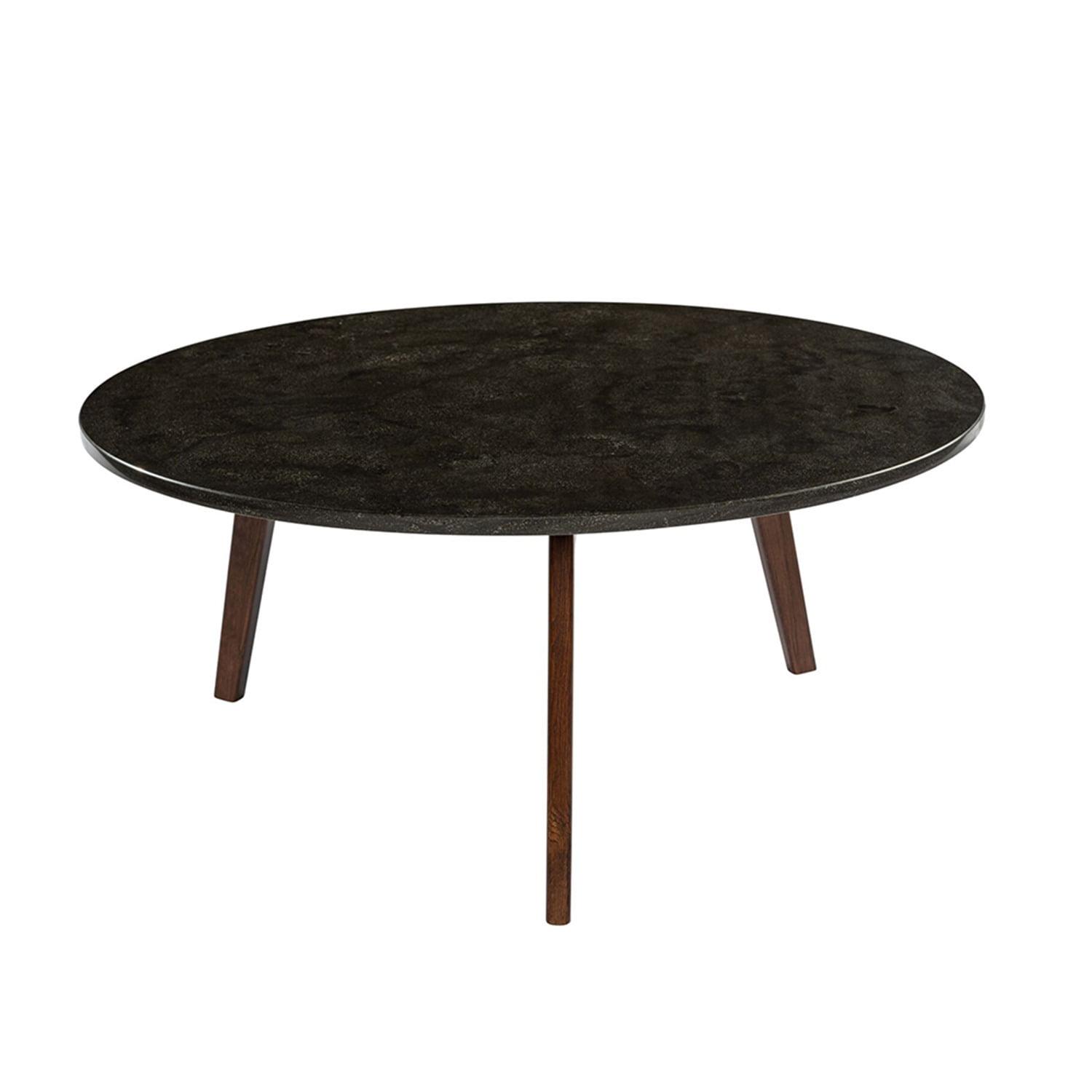 The Bianco Collection Stella 31" Round Italian Black Marble Coffee Table with Walnut Legs