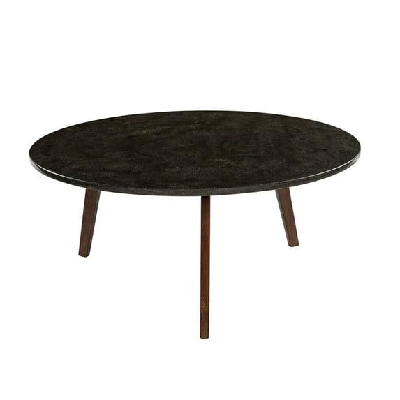 The Bianco Collection Stella 31" Round Italian Black Marble Coffee Table with Walnut Legs