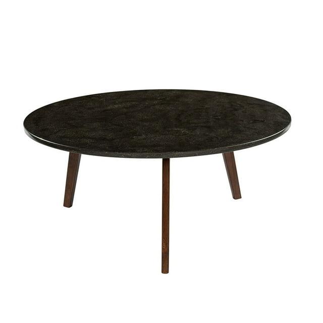 The Bianco Collection Stella 31" Round Italian Black Marble Coffee Table with Walnut Legs