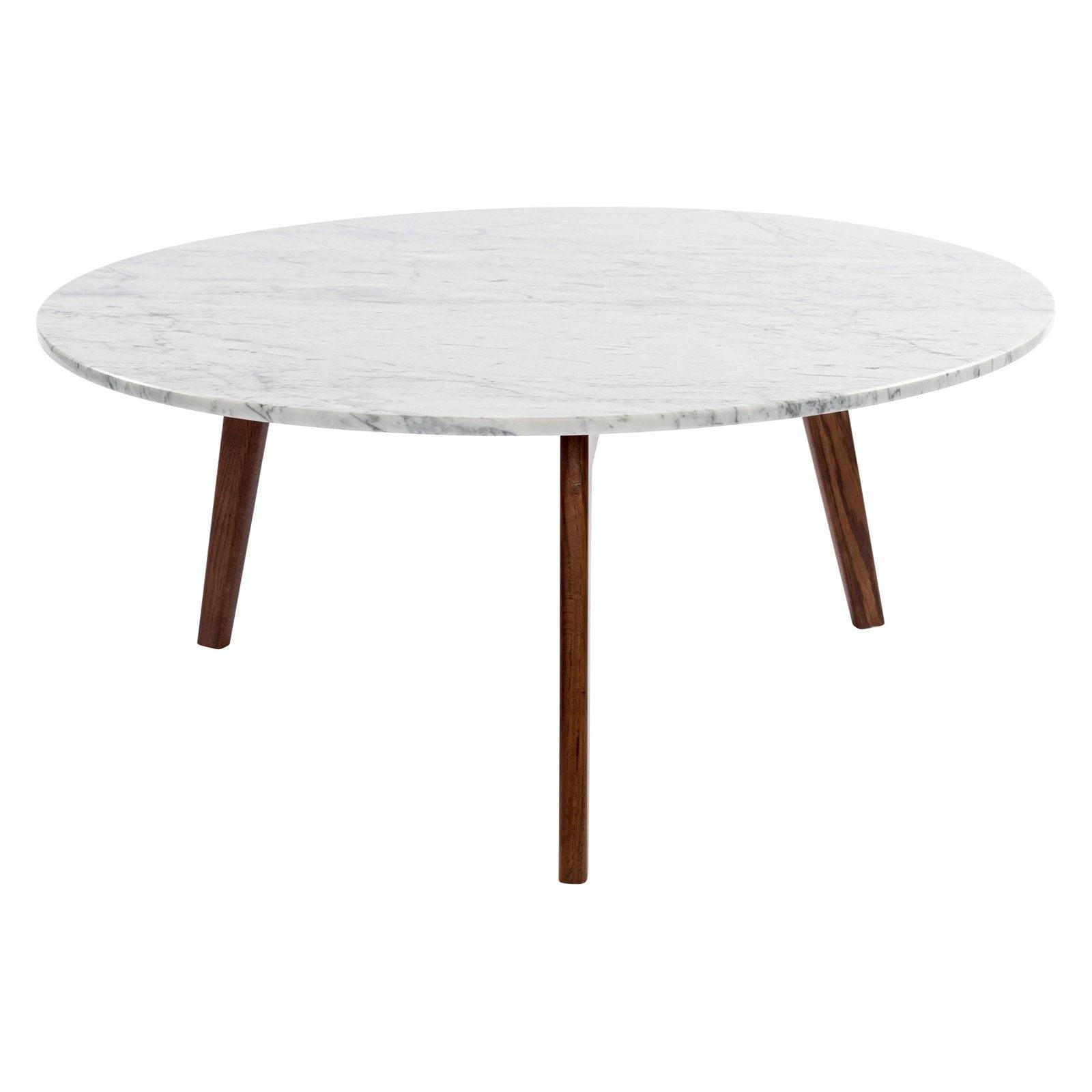 Stella 32" Round White Marble and Walnut Wood Coffee Table