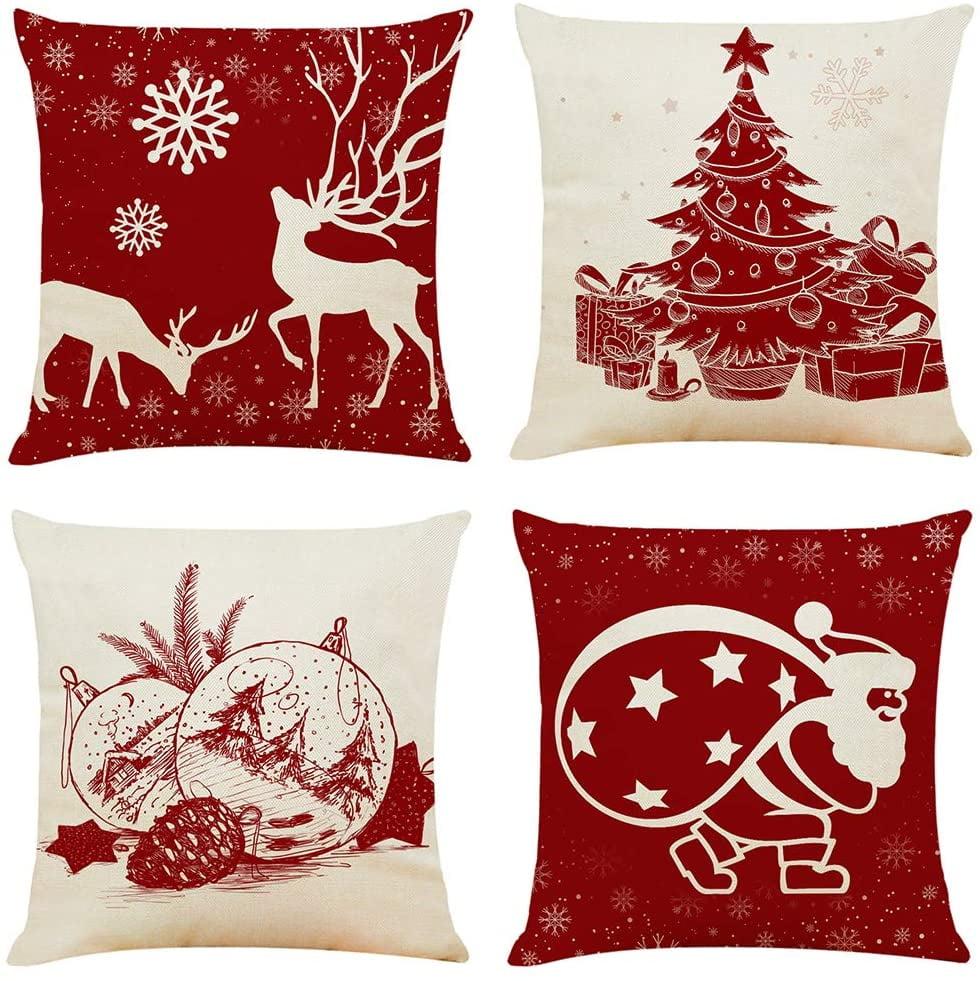 Christmas Red and Beige Cotton Linen 18"x18" Throw Pillow Covers