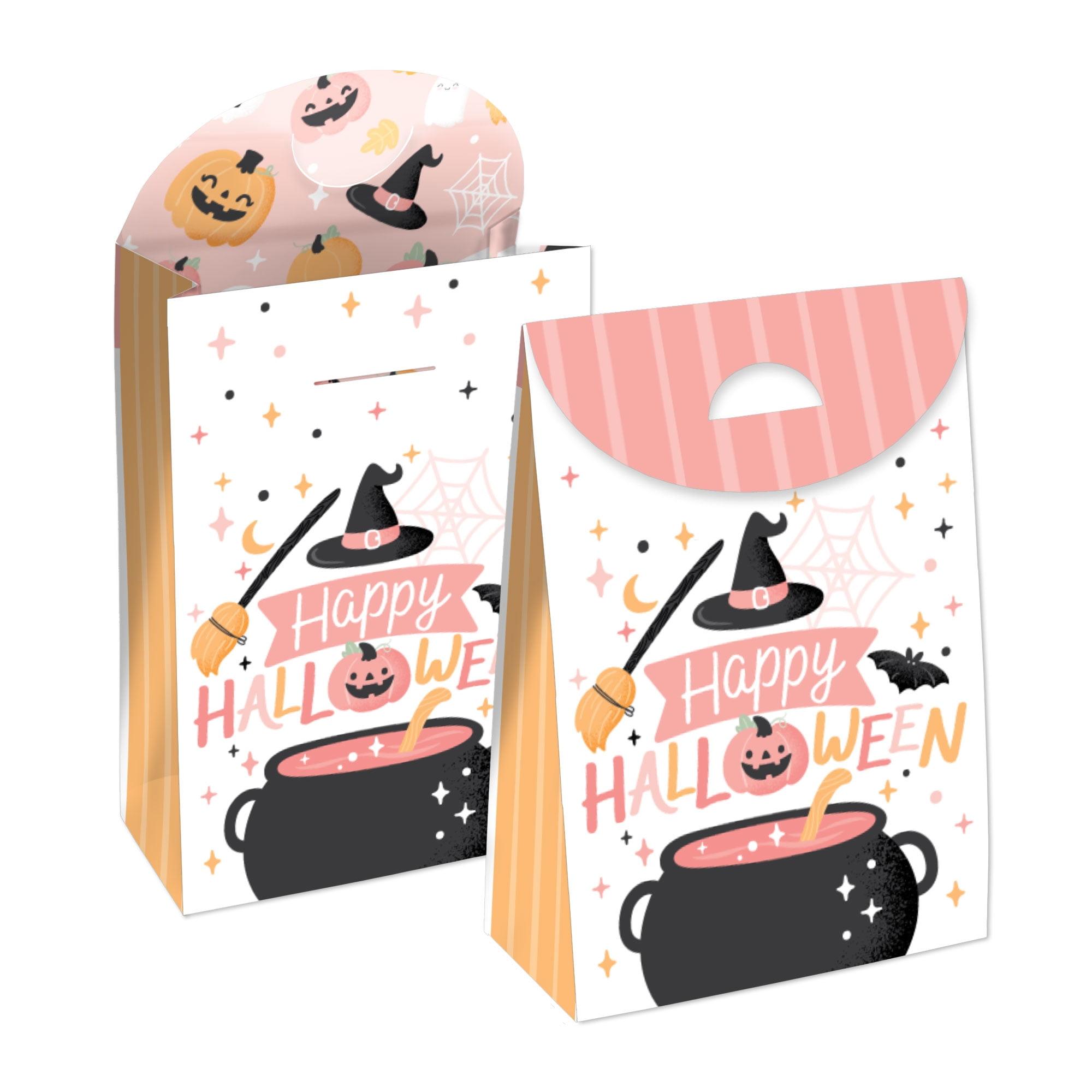 Big Dot of Happiness Pastel Halloween - Pink Pumpkin Party Gift Favor Bags - Party Goodie Boxes - Set of 12