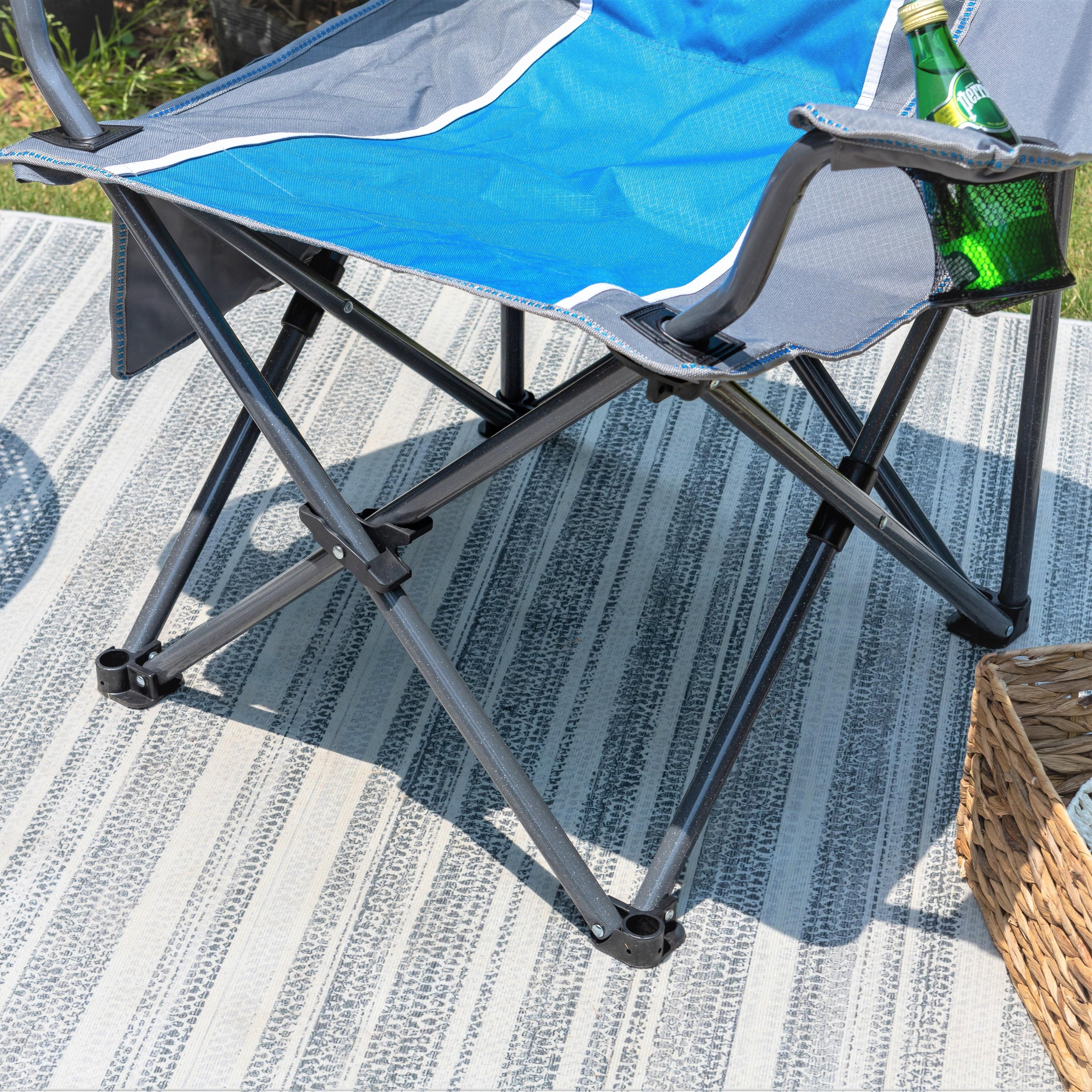 Oversized Camping Folding Chair Padded Arm Chair with Cup Holder Blue Grey