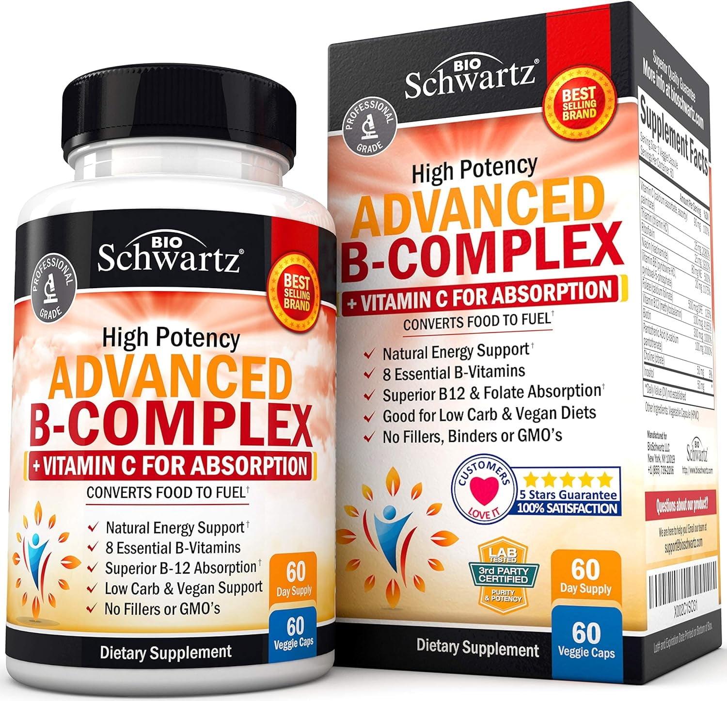 Advanced B-Complex Capsules, Low Carb & Vegan Diet Support, Bioschwartz, 60ct