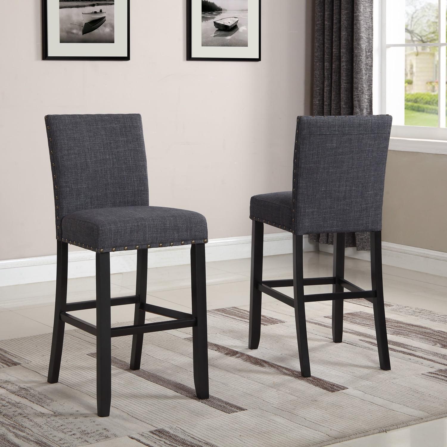 Espresso Hardwood Contemporary Bar Stools with Gray Linen Upholstery, Set of 2