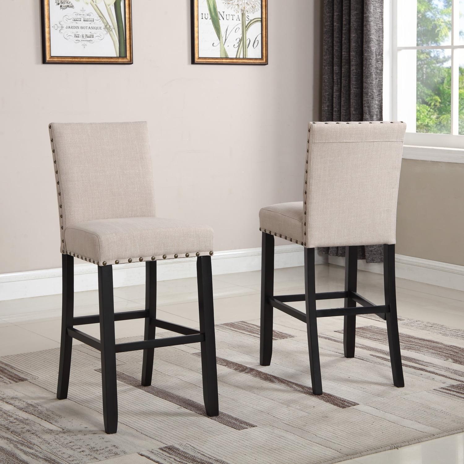 Espresso Hardwood Contemporary Bar Stools with Gray Linen Upholstery, Set of 2