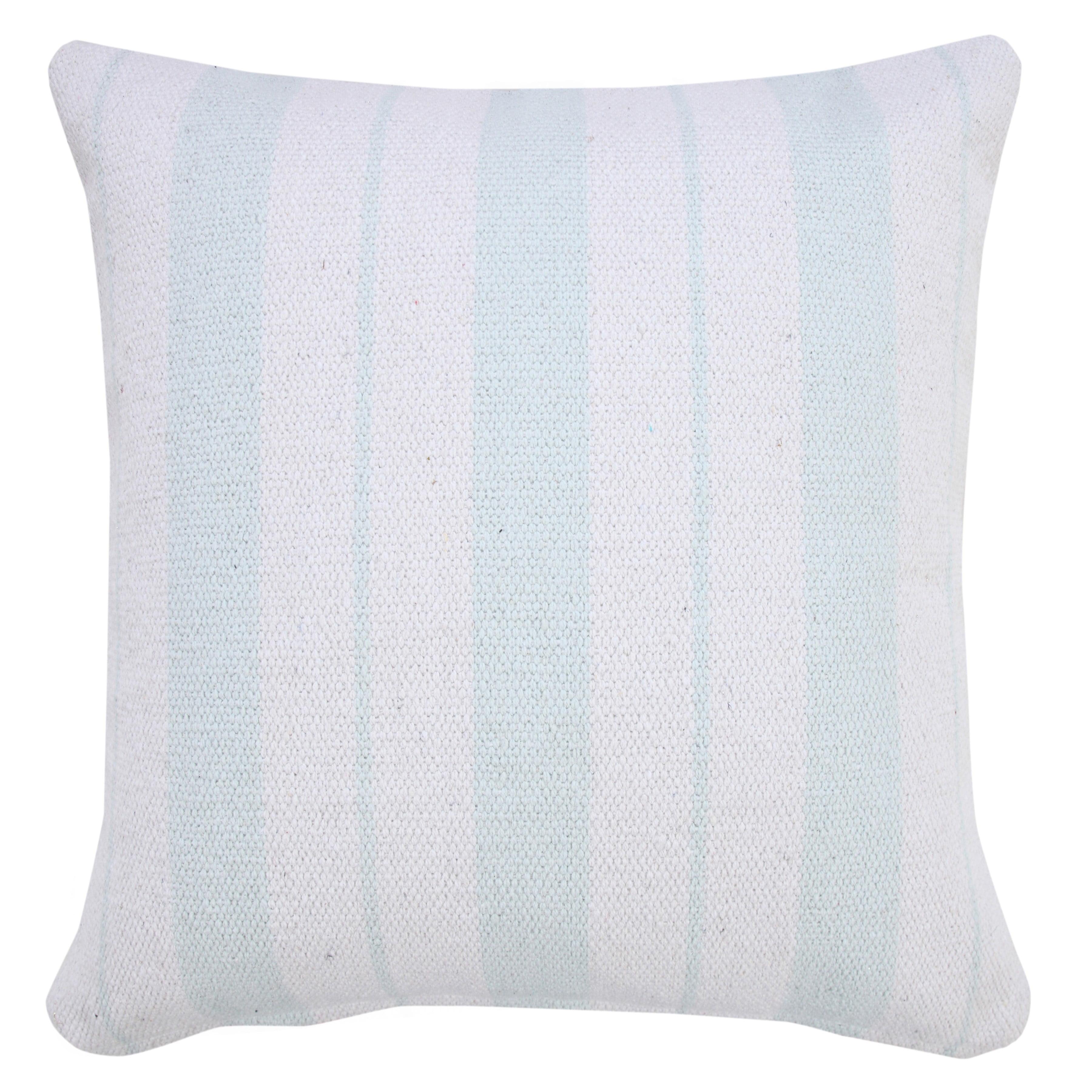 Bright Blue and White Cotton Striped 20'' Square Throw Pillow