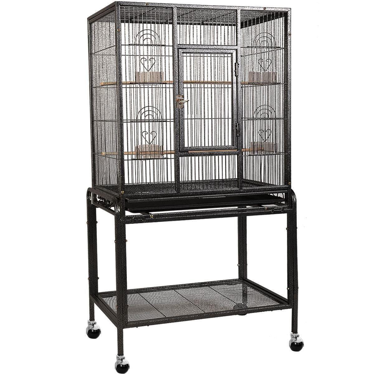 Large Black Iron Bird Cage with Wheels and Perches