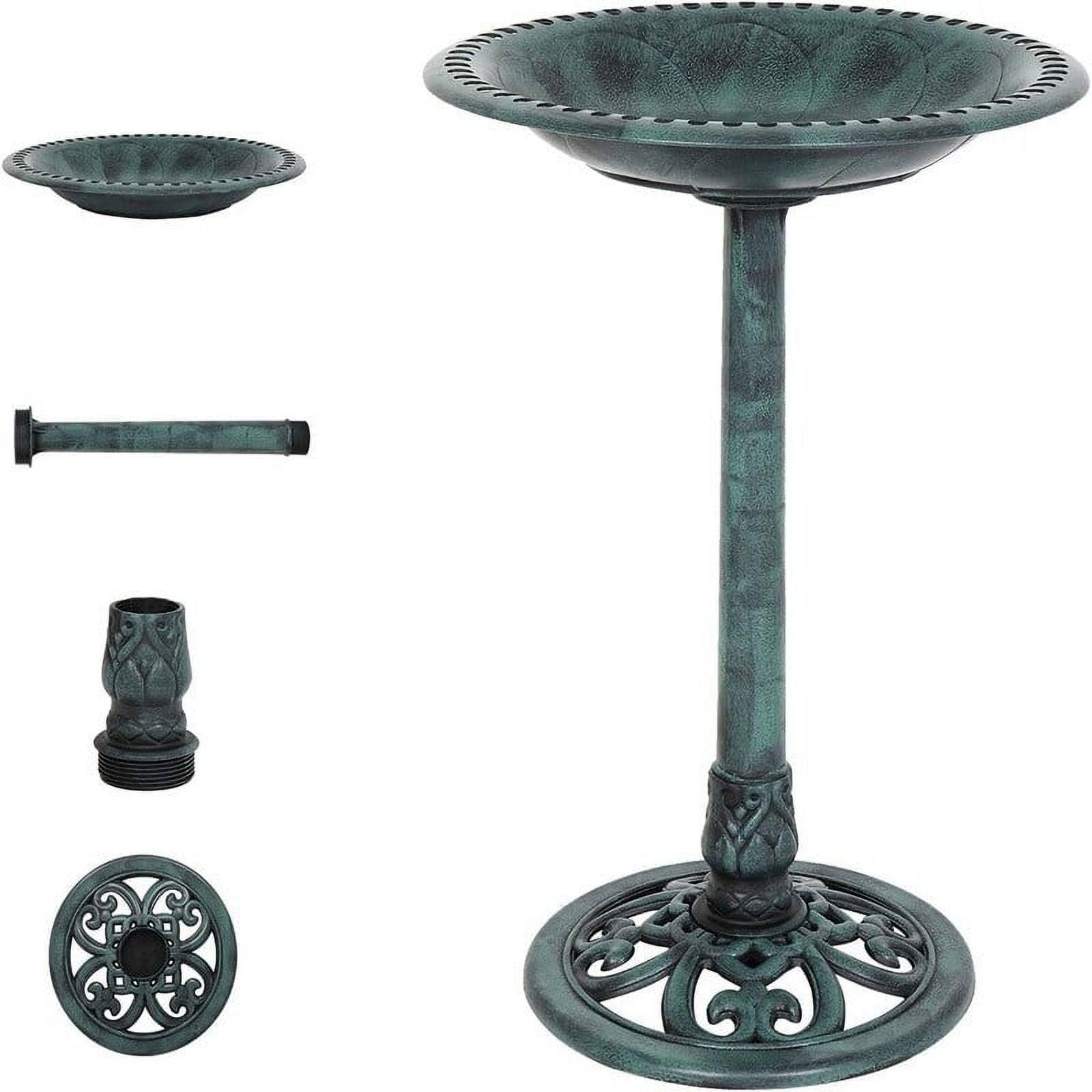 VINGLI Pedestal Bird Bath 28 Inch Antique Green Resin Birdbaths Vintage Garden Decor for Outdoor Lightweight