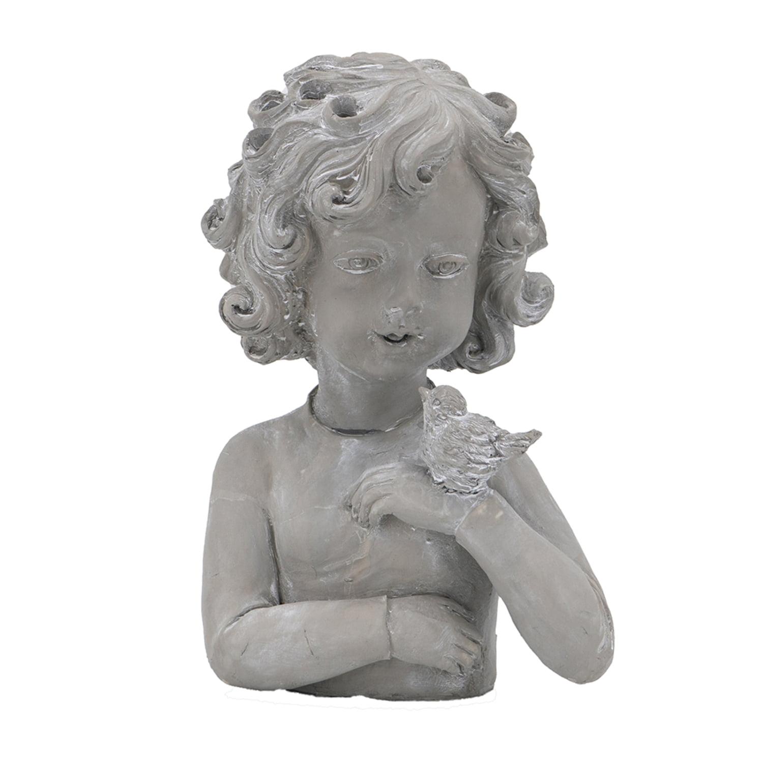 Gray Polyresin Girl with Bird Vase