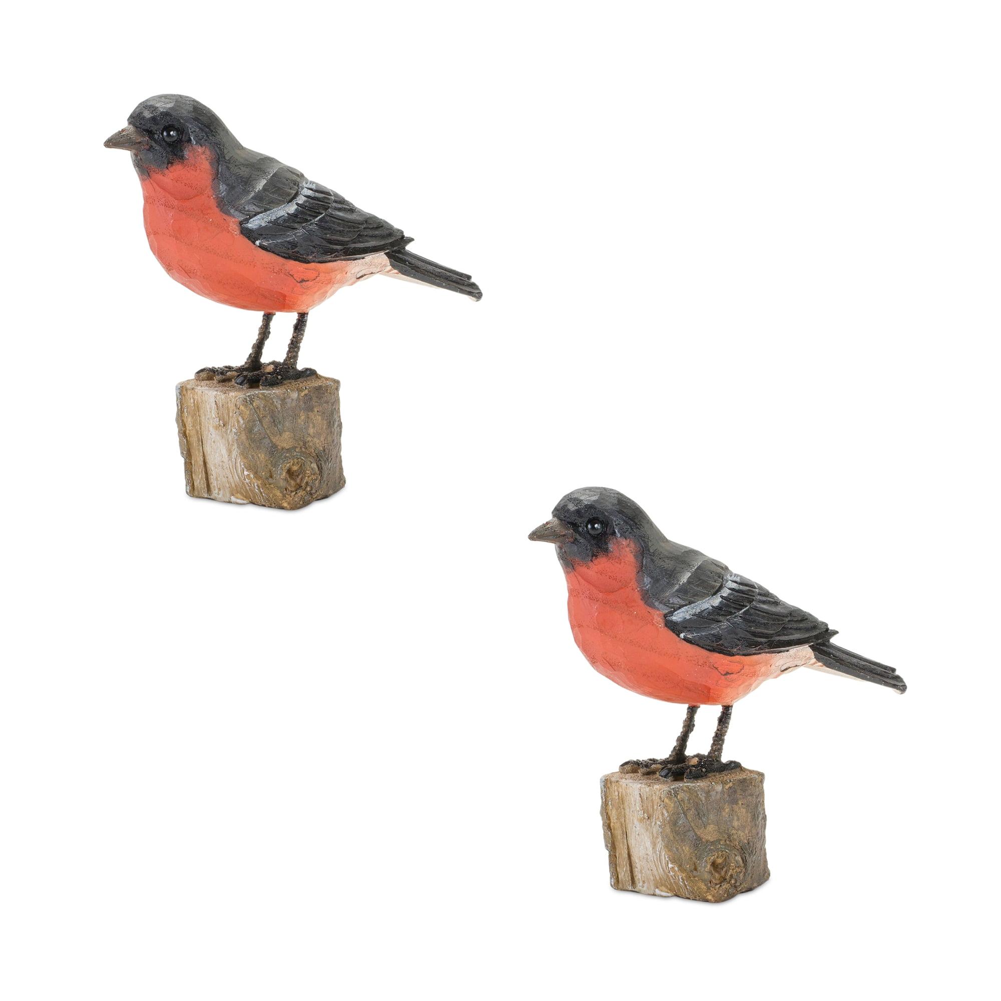 Spring Red and Black Resin Bird Figurines on Stump, Set of 2