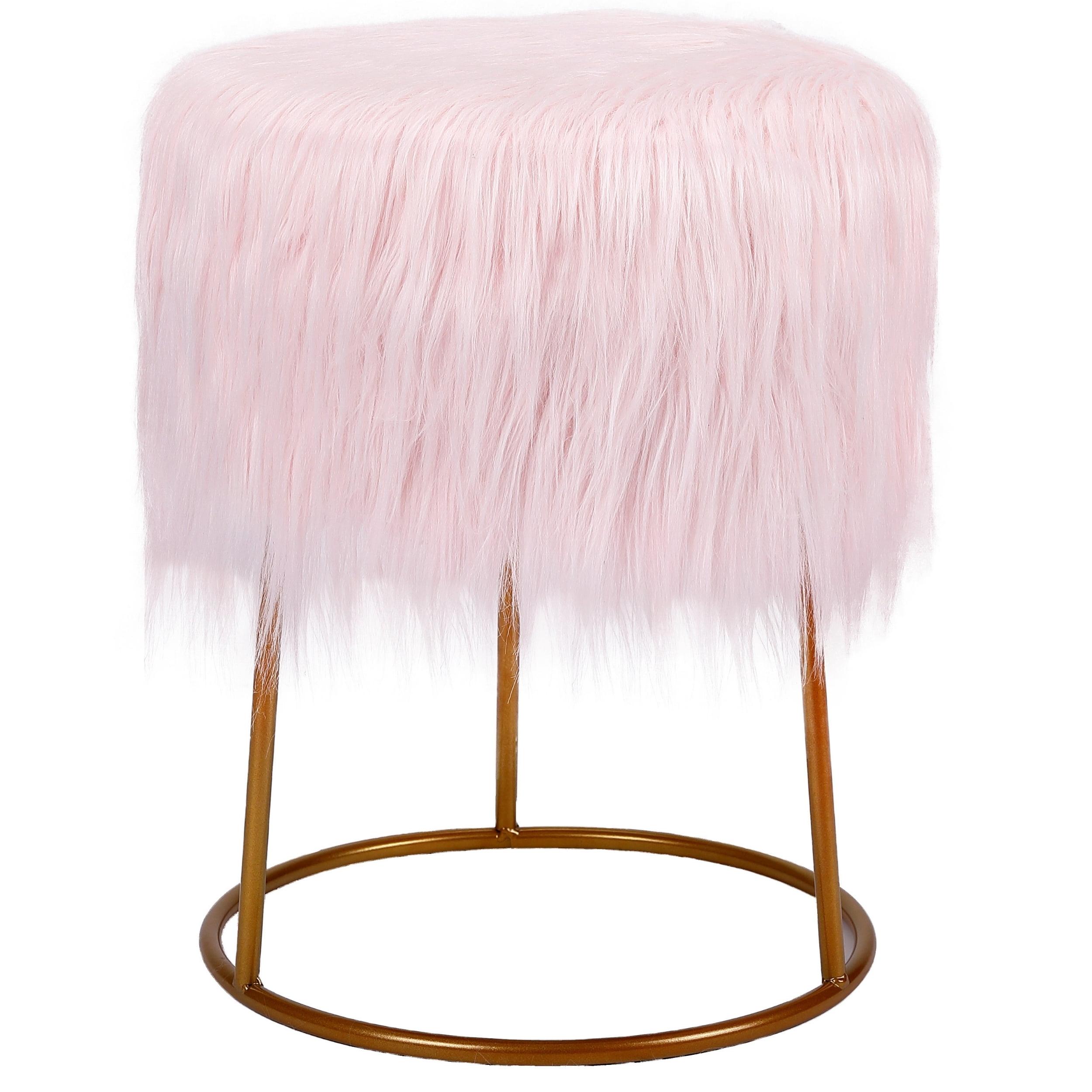 BirdRock Home Round Pink Faux Fur Foot Stool Storage Ottoman with Pale Gold Legs