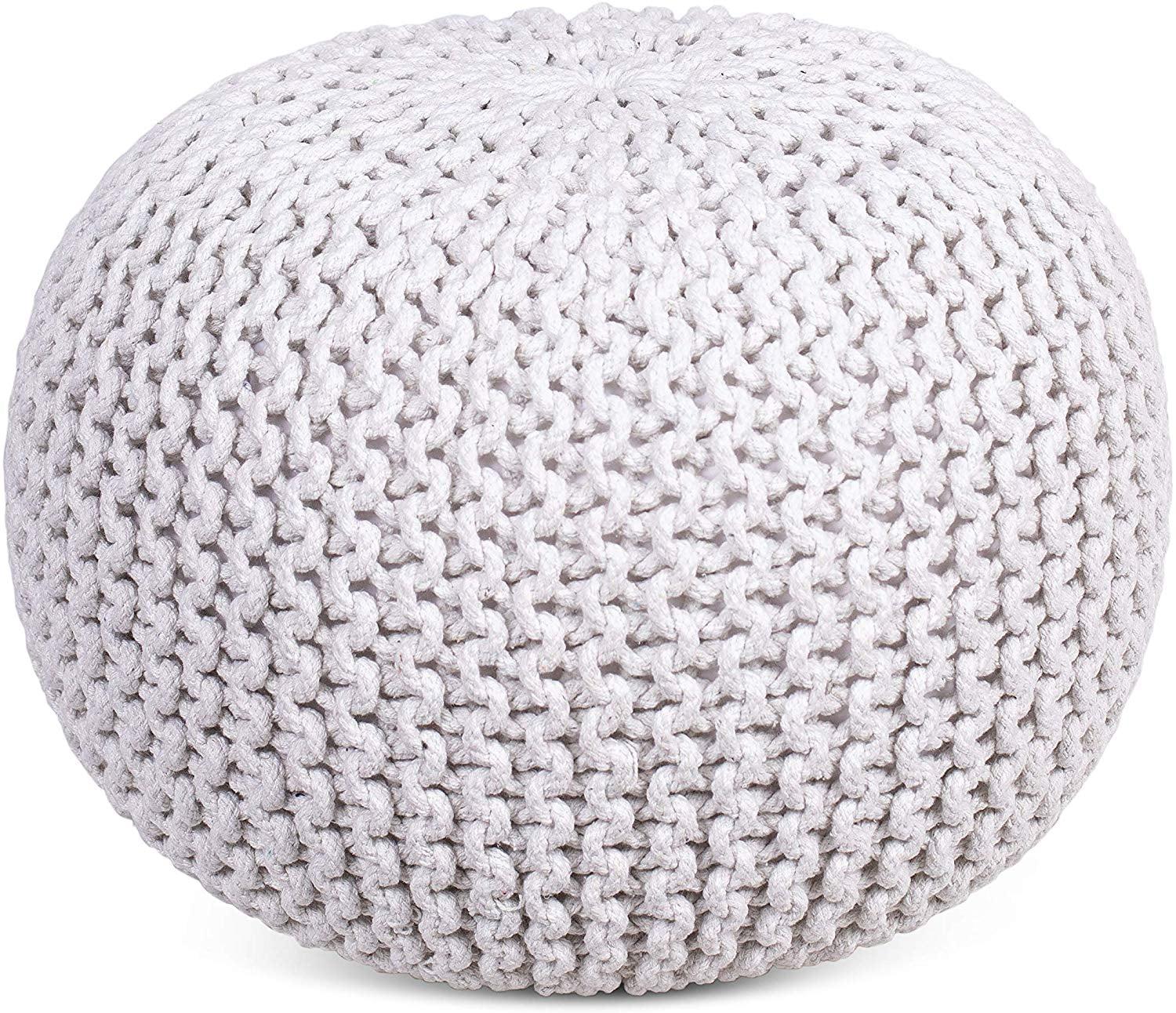 Ivory Cotton Braided Round Pouf Ottoman