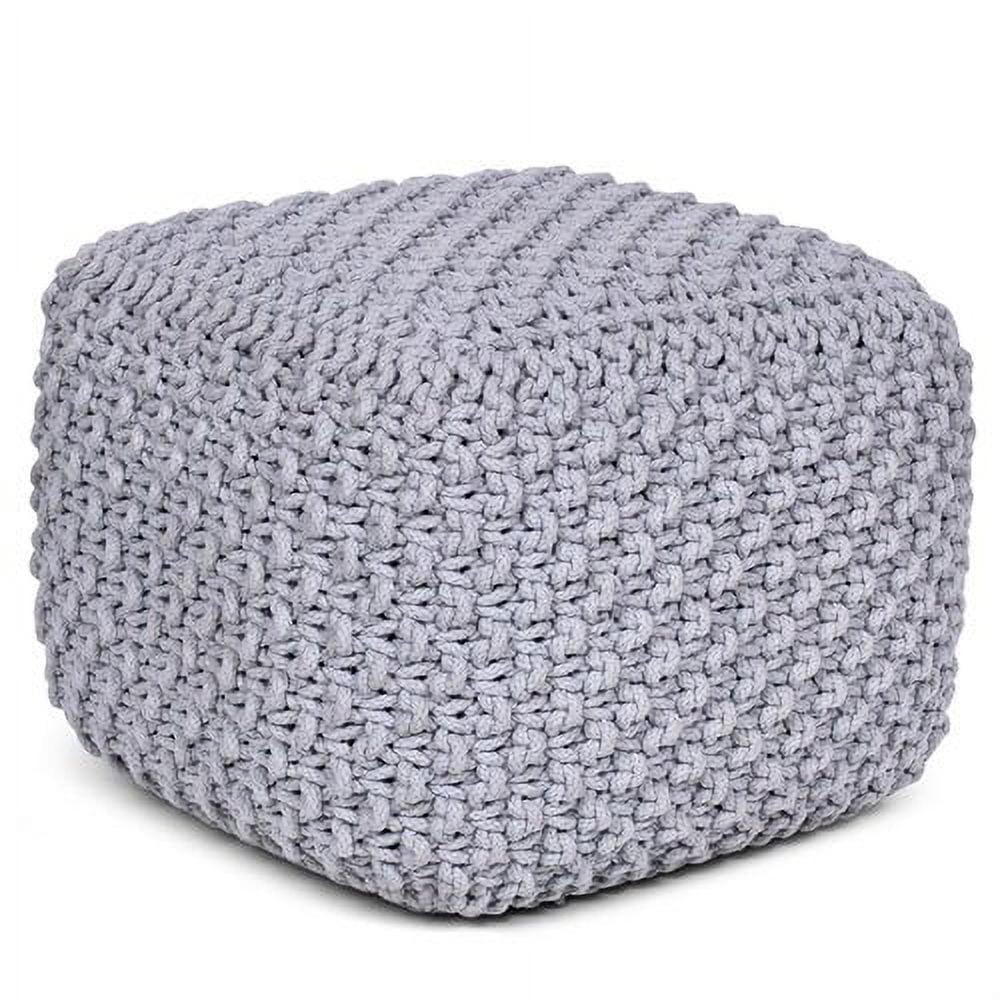 Gray Hand-Knitted Cotton Square Pouf Ottoman