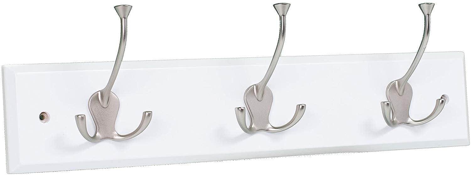 BirdRock Home Tri Hook Coat Rack - 3 Hooks - Wall Mount Hat Rack - White Finish - Satin Nickel Hooks