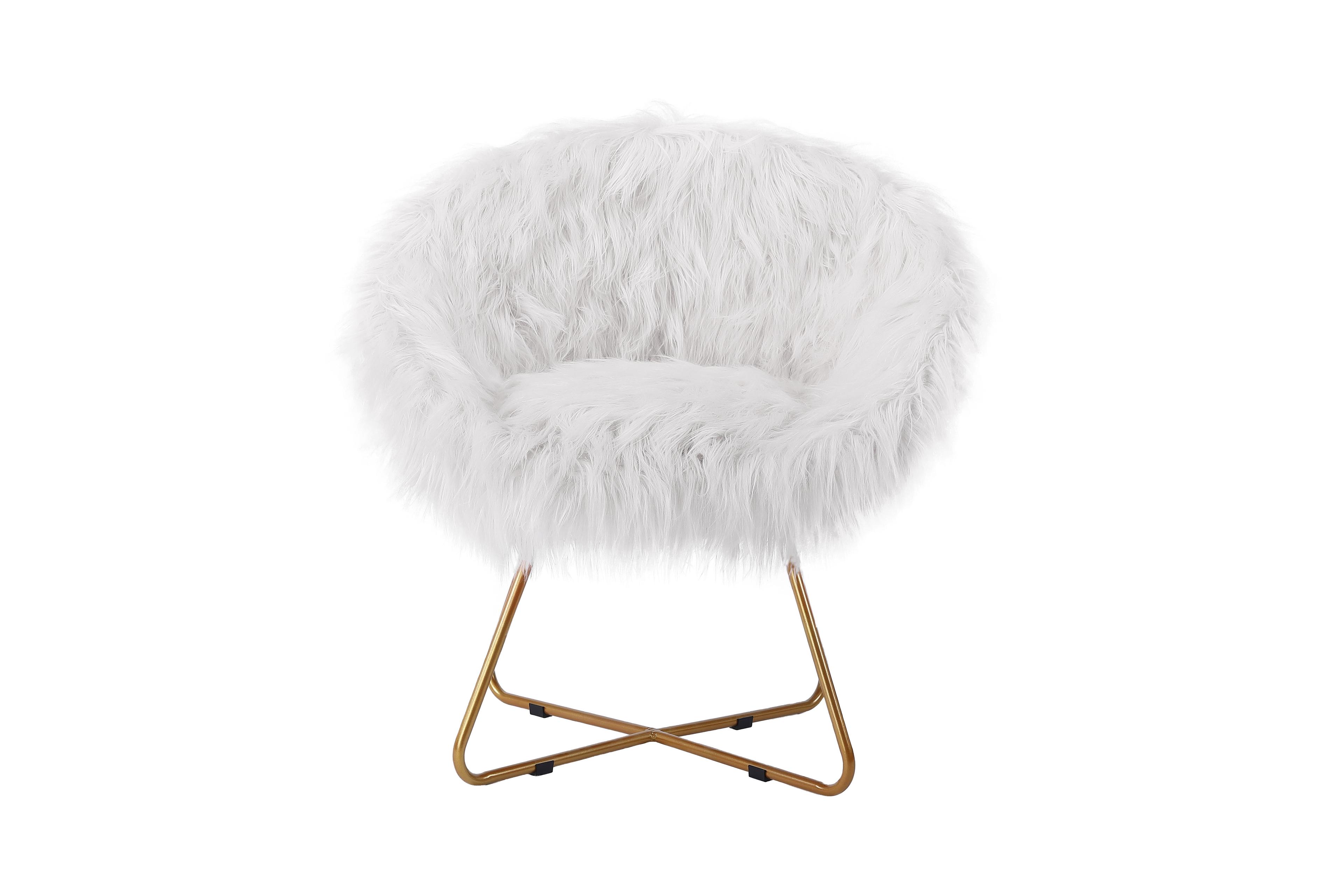 White Faux Fur Papasan Chair with Pale Gold Legs