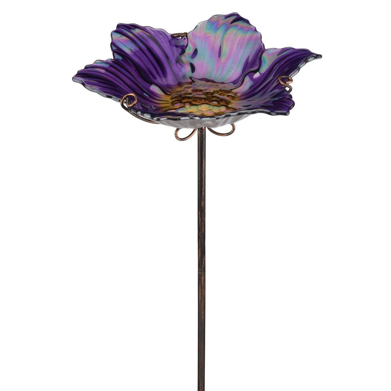 Purple Glass Flower Birdbath Feeder with Metal Stake