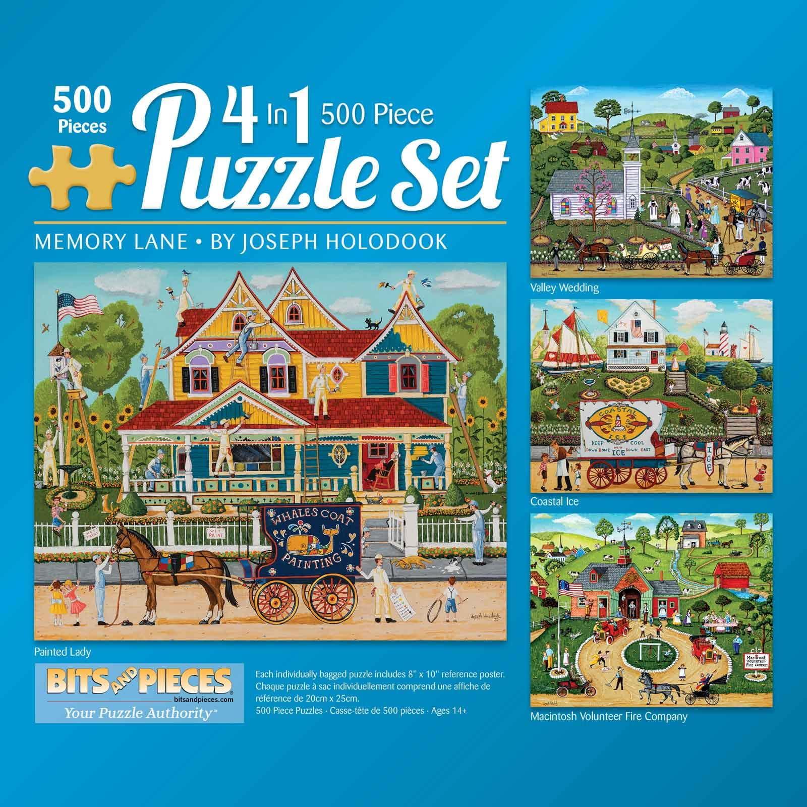 Bits and Pieces 4-in-1 Multi-Pack 500 Piece Jigsaw Puzzles Memory Lane by Joseph Holodook 16"x20"