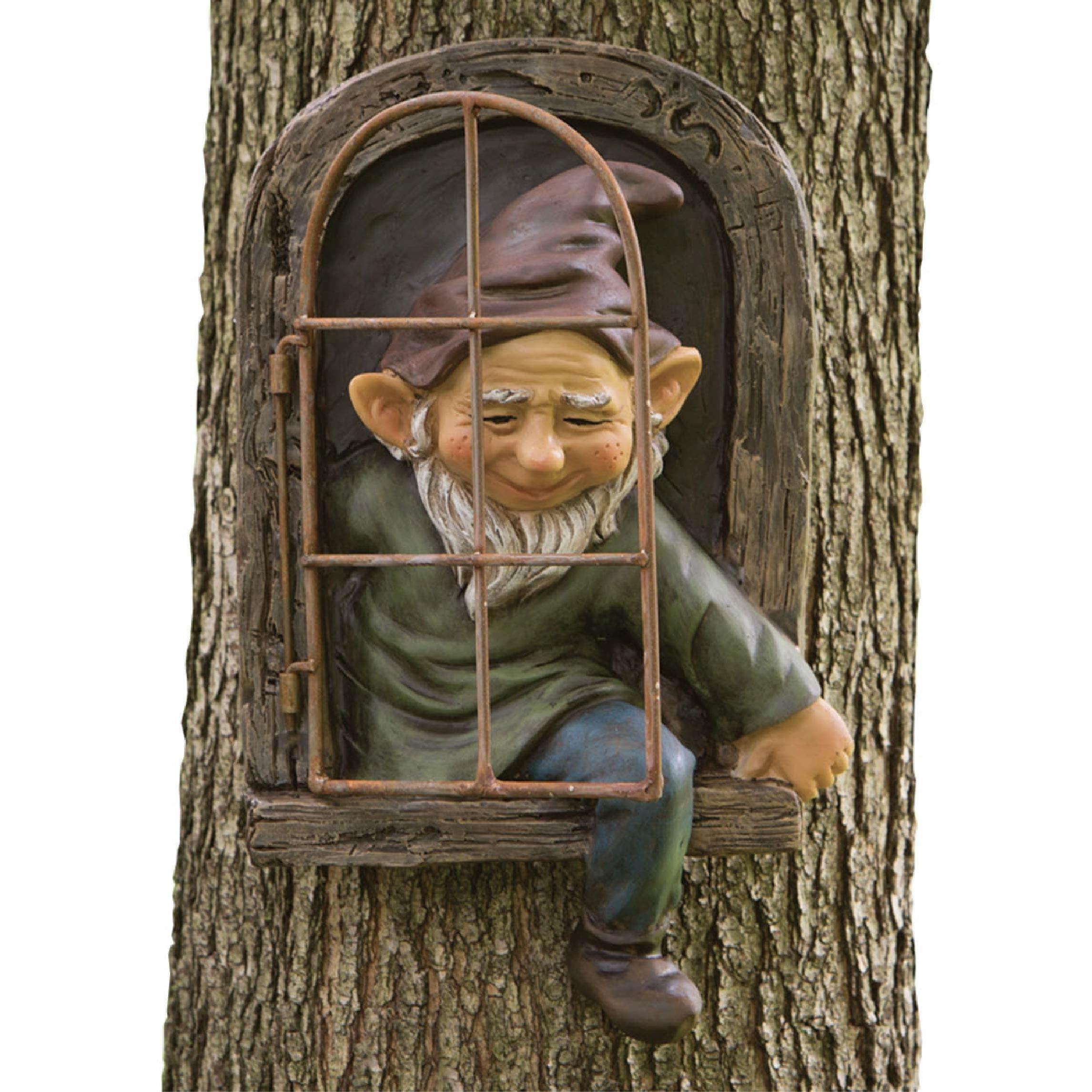 Bits and Pieces 12” Elf Out The Door Tree Hugger Yard Tree Sculpture Decoration Garden Peeker Art