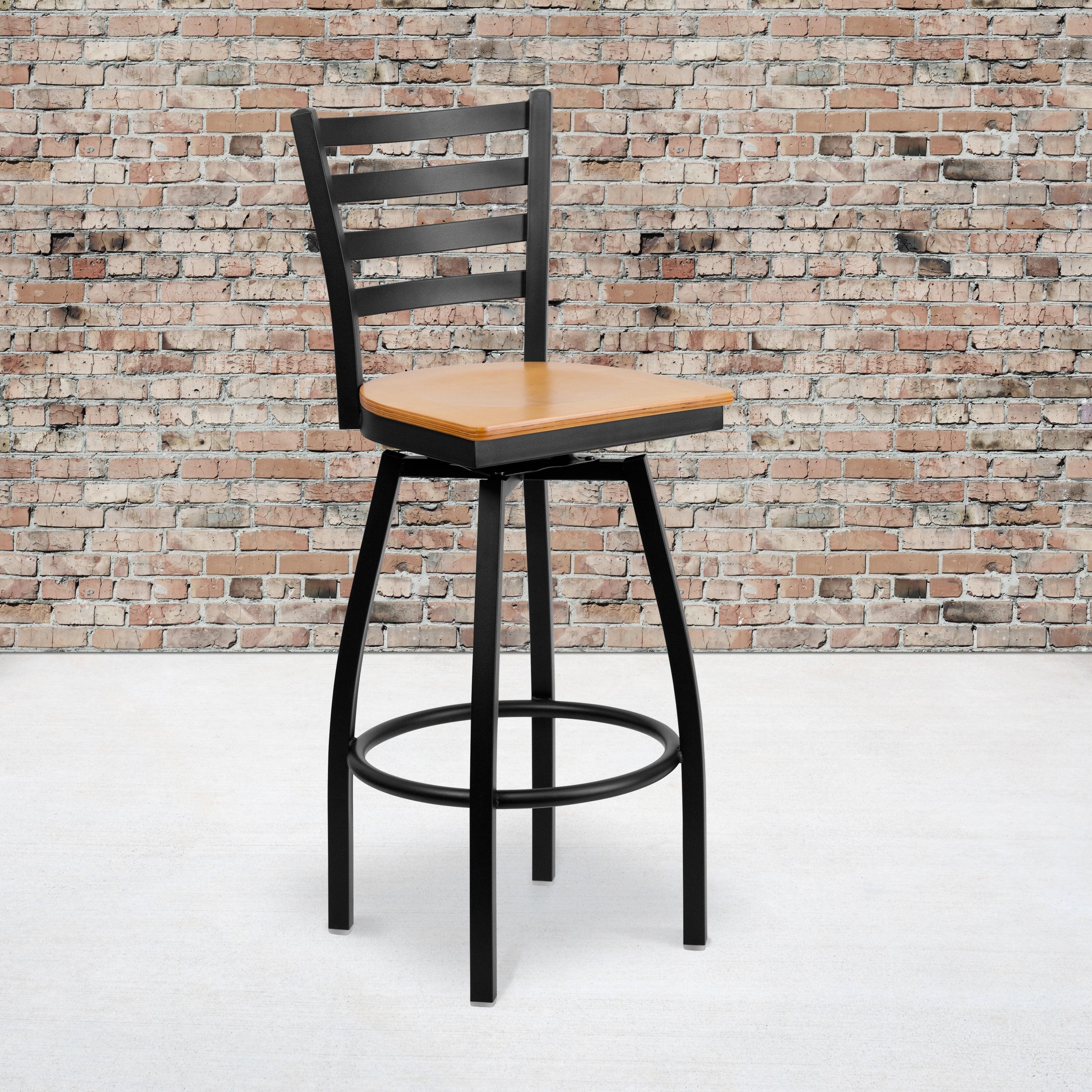 BizChair 2 Pack Black Ladder Back Swivel Metal Barstool - Natural Wood Seat