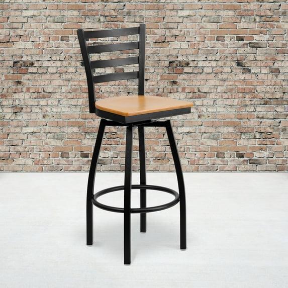 Flash Furniture 2 Pack HERCULES Series Black Ladder Back Swivel Metal Barstool - Natural Wood Seat