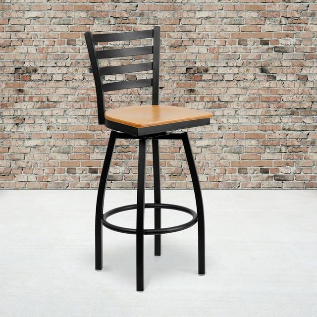 Flash Furniture 2 Pack HERCULES Series Black Ladder Back Swivel Metal Barstool - Natural Wood Seat