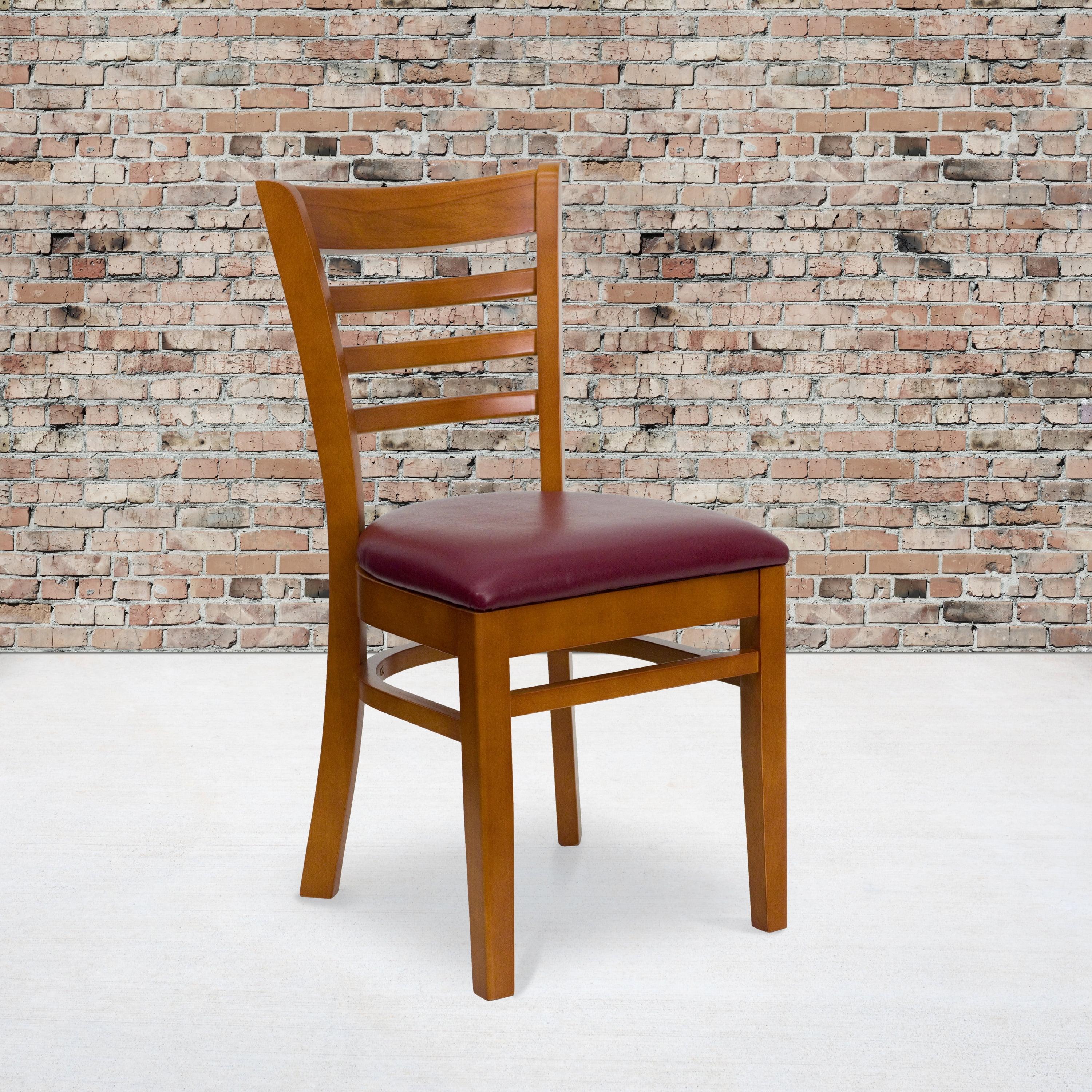 Cherry Wood & Burgundy Vinyl Upholstered Ladderback Side Chair