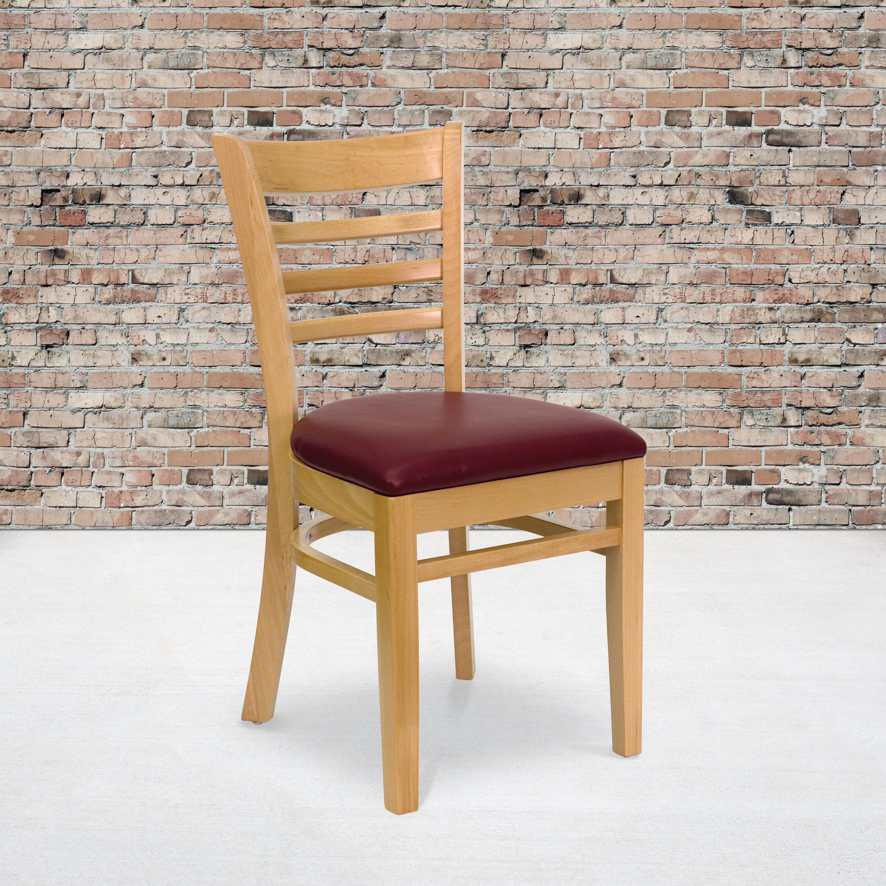 Elegant Ladderback Dining Chair with Burgundy Vinyl Seat and Natural Wood Frame