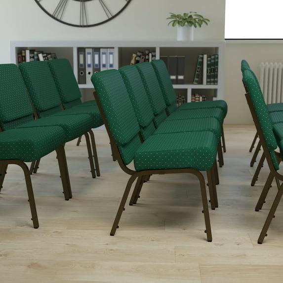 BizChair 21''W Stacking Church Chair in Hunter Green Dot Patterned Fabric - Gold Vein Frame