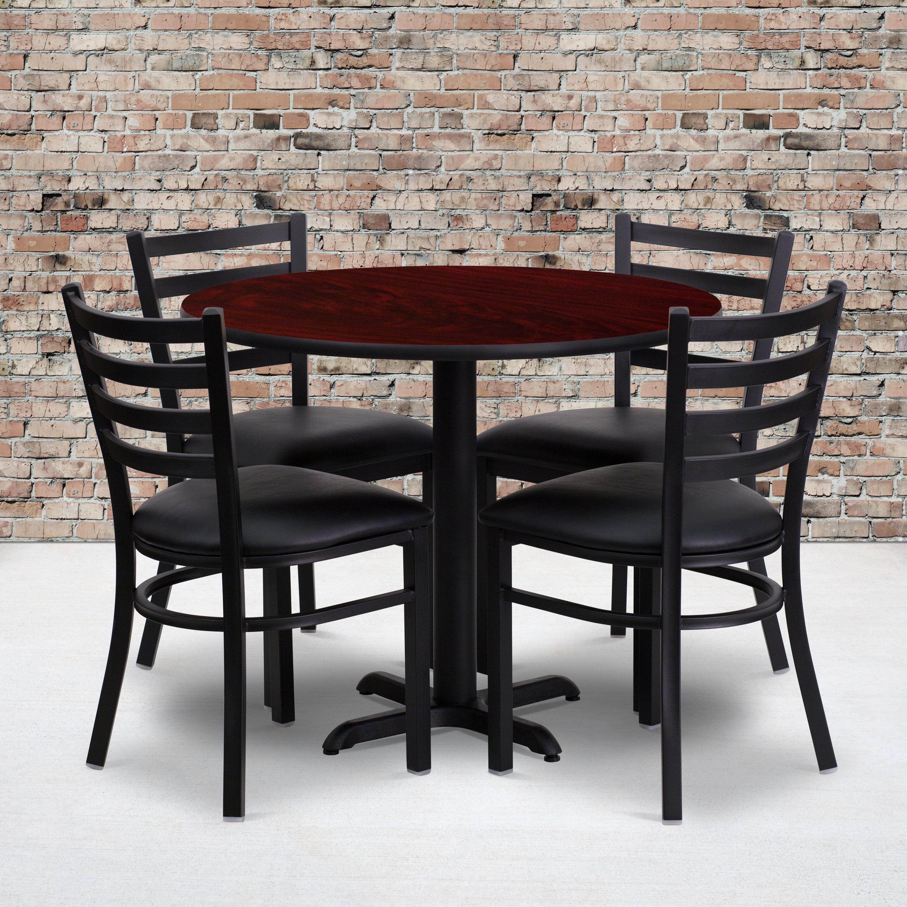 Elegant 36'' Mahogany Laminate Round Dining Set with 4 Red Ladder Chairs