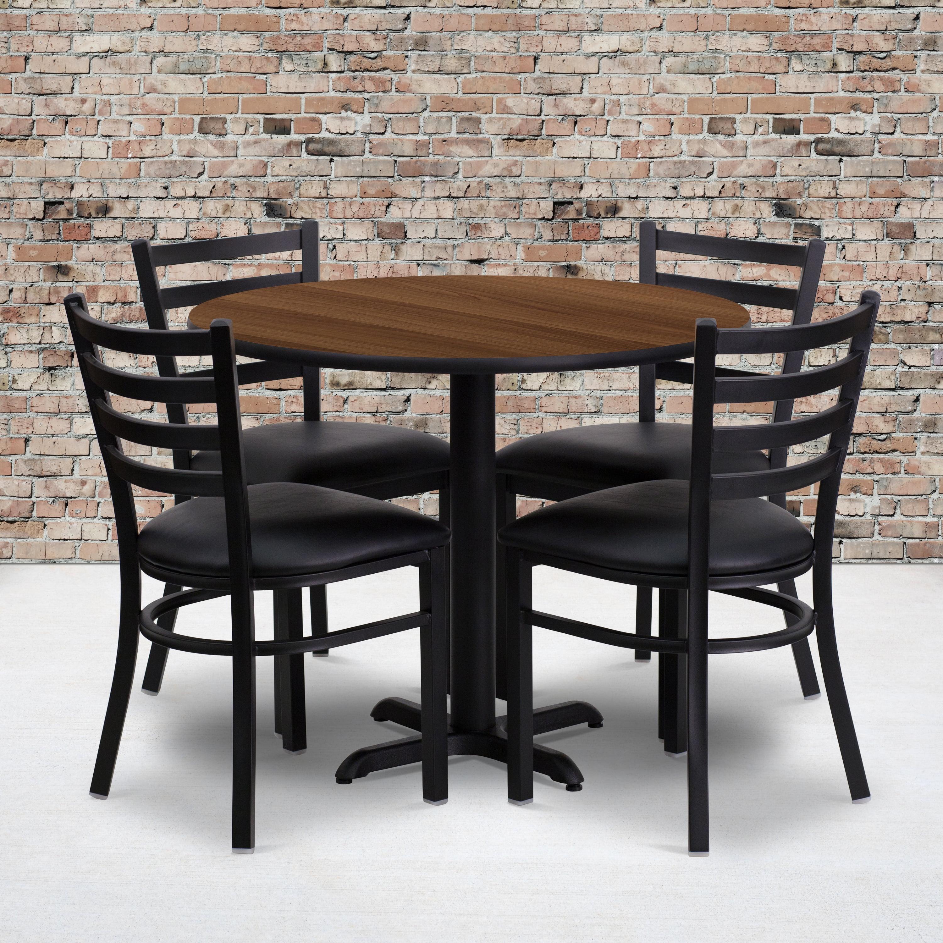Elegant 36'' Walnut Laminate Round Table Set with 4 Black Vinyl Chairs
